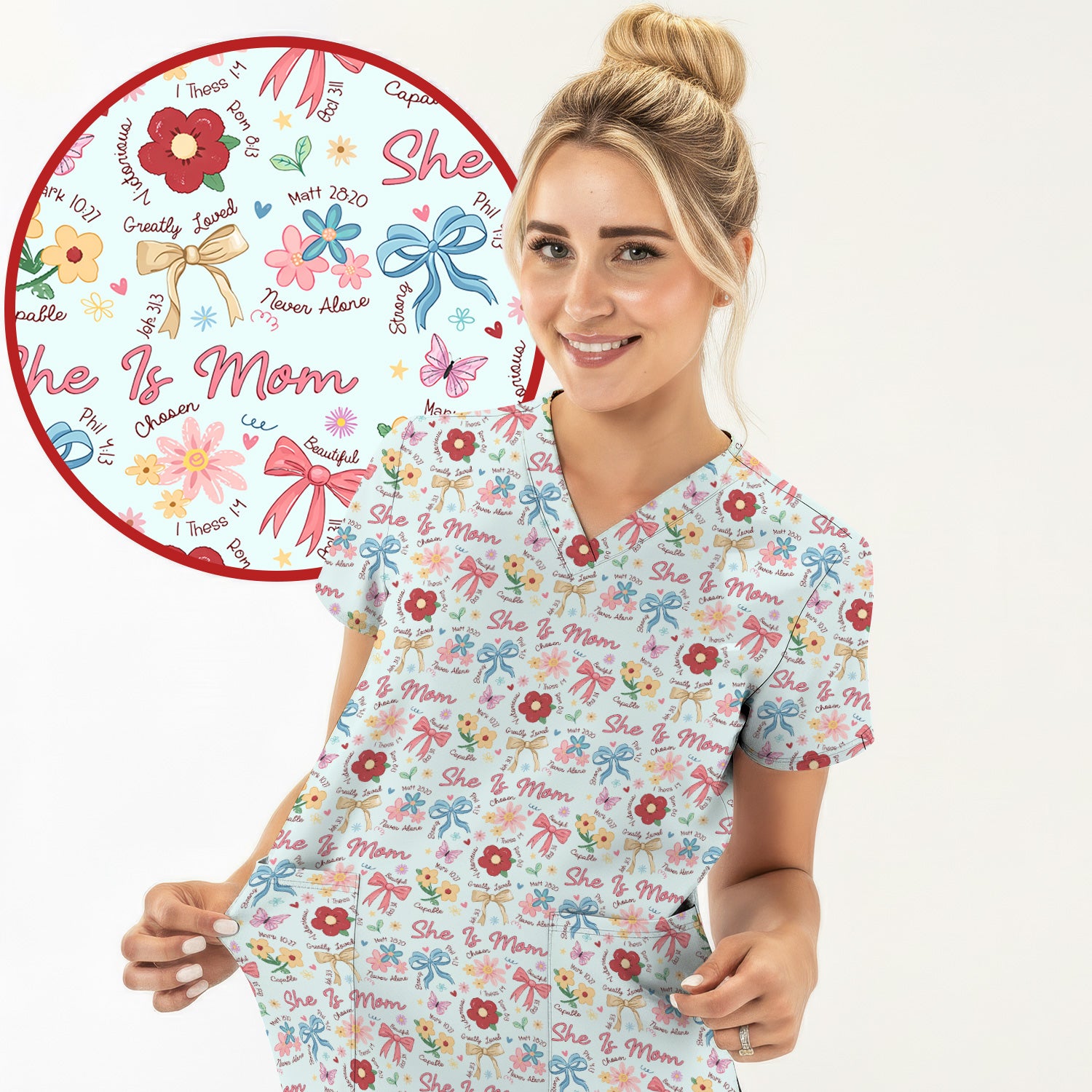 She Is Mom Floral Bow Pattern Scrub Top, Comfortable Scrubs for Nurses