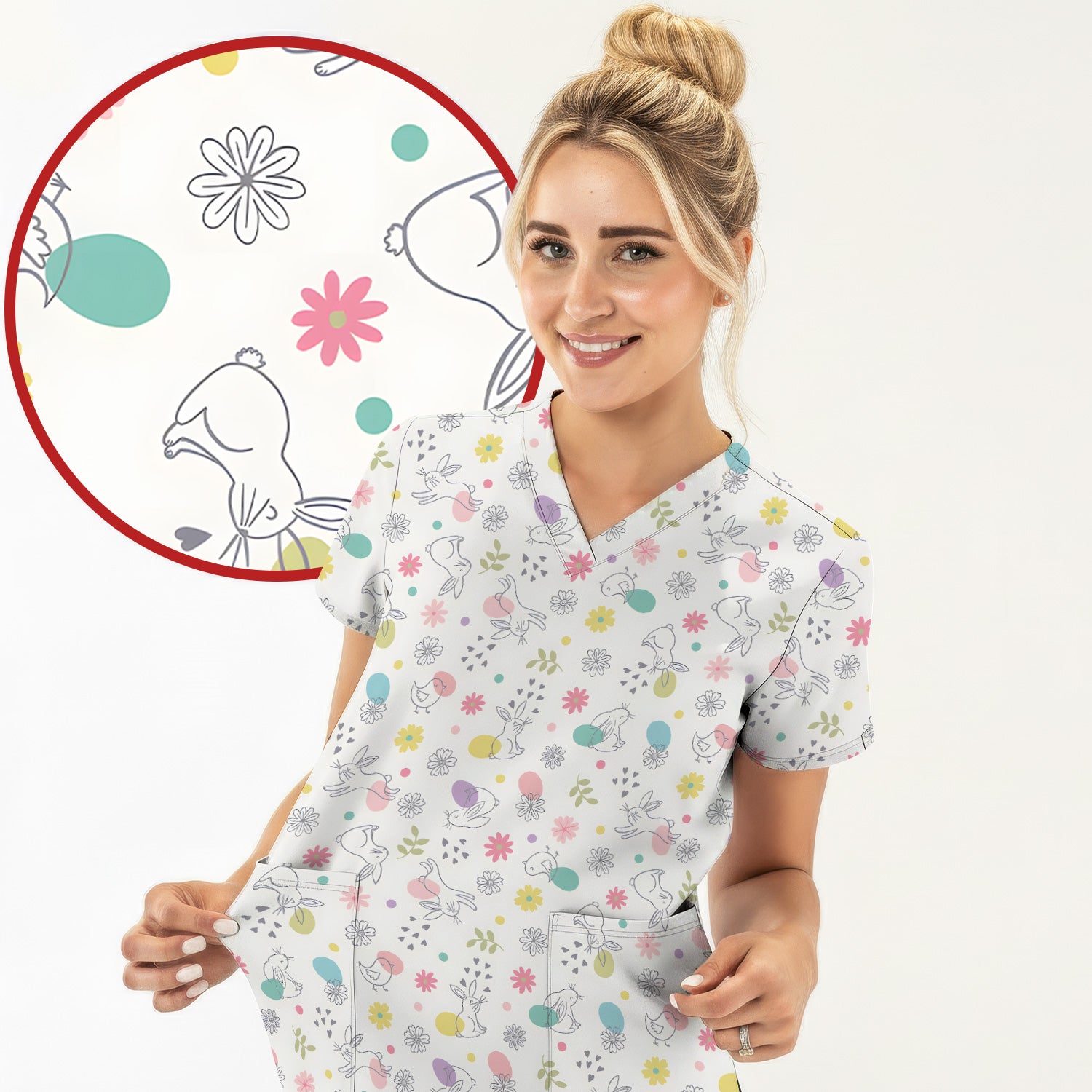 Whimsical Easter Bunny Eggs Pattern Scrub Top, Comfortable Scrubs for Nurses