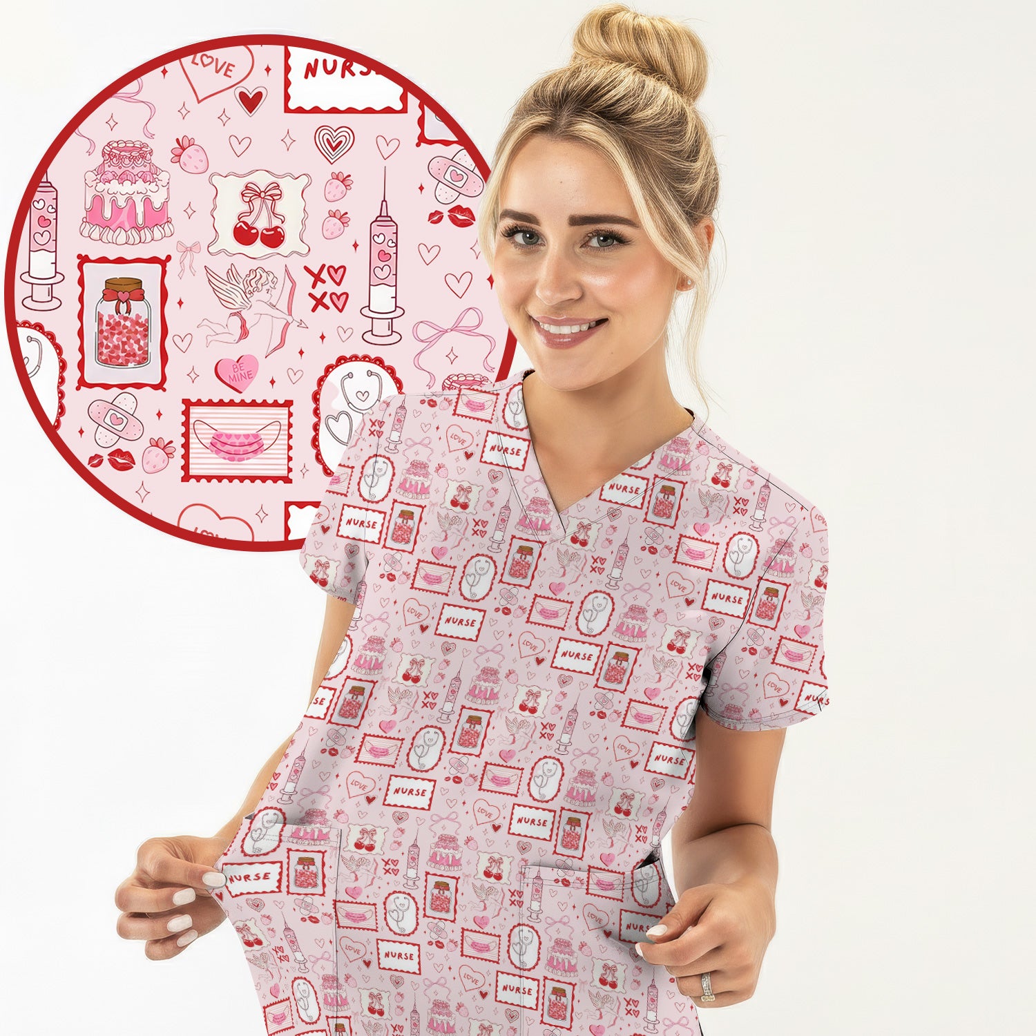 Nurse Icons Hearts Syringes Valentine Scrub Top, Breathable Nursing Uniform