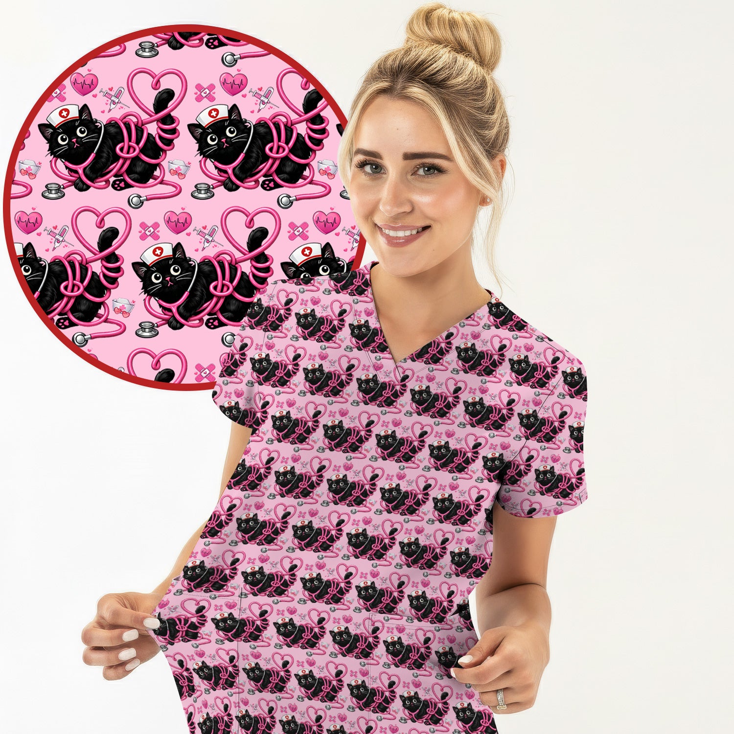 Valentine Cute Cat Nurse Heart Print Scrub Top, Comfortable Scrubs for Nurses
