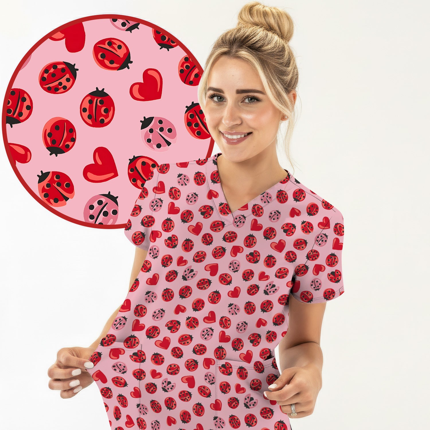 Cute Ladybug and Red Heart All Over Print Scrub Top, Comfortable Scrubs for Nurses