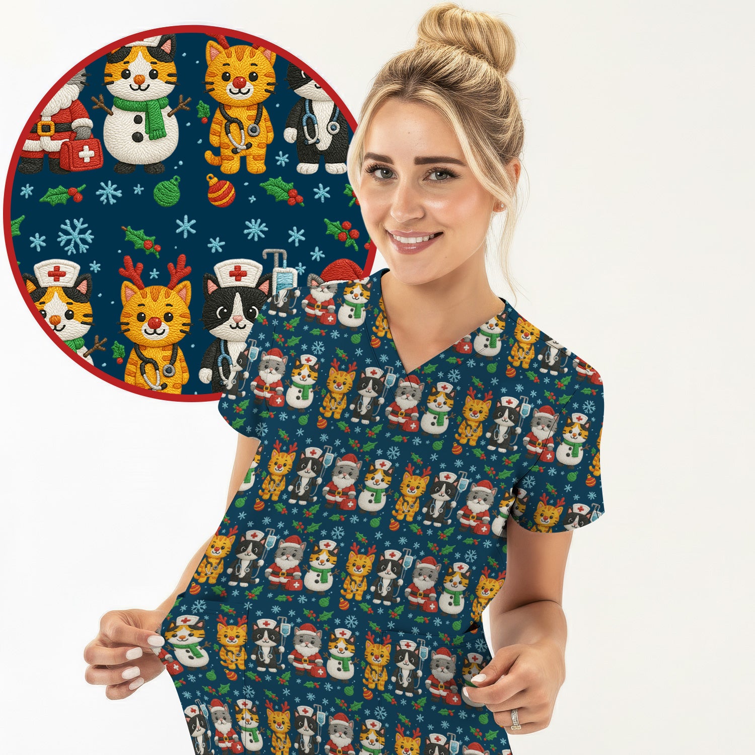 Christmas Cat Nurse Pattern Scrub Top, Cute Holiday Kitty Medical Uniform Shirt For Nursing