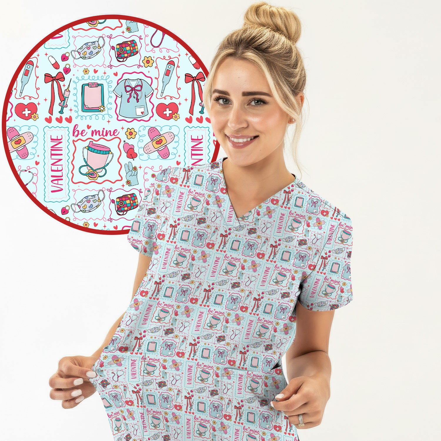 Valentine Medical Hearts Bandages Syringes Scrub Top, Comfortable Scrubs for Nurses