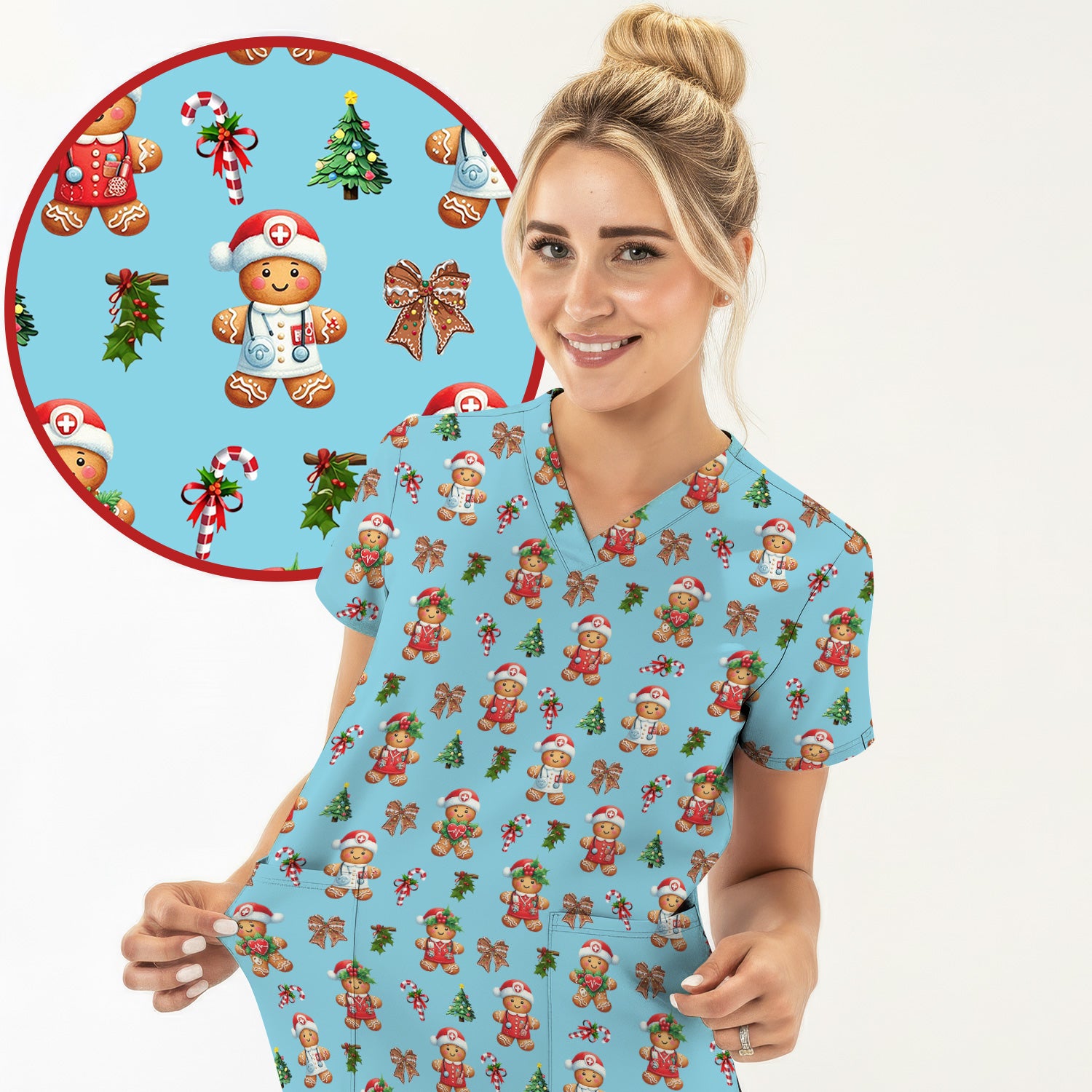 Funny Gingerbread Christmas Scrub Top - Cute Cookie with Bow Shirt - Festive Holiday Scrubs for Women