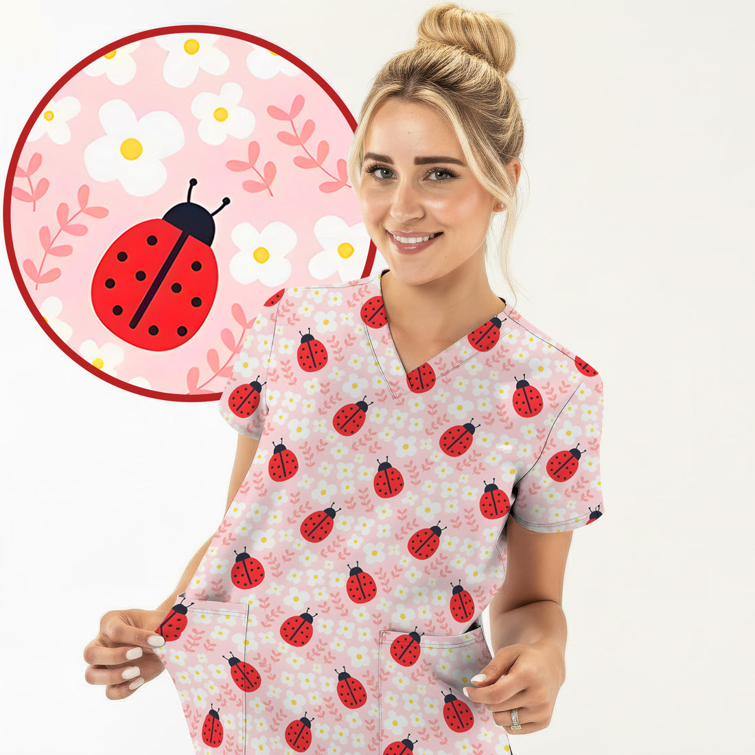 Cute Ladybug Blossom Print Scrub Top, Pastel Garden Medical Scrubs for Women