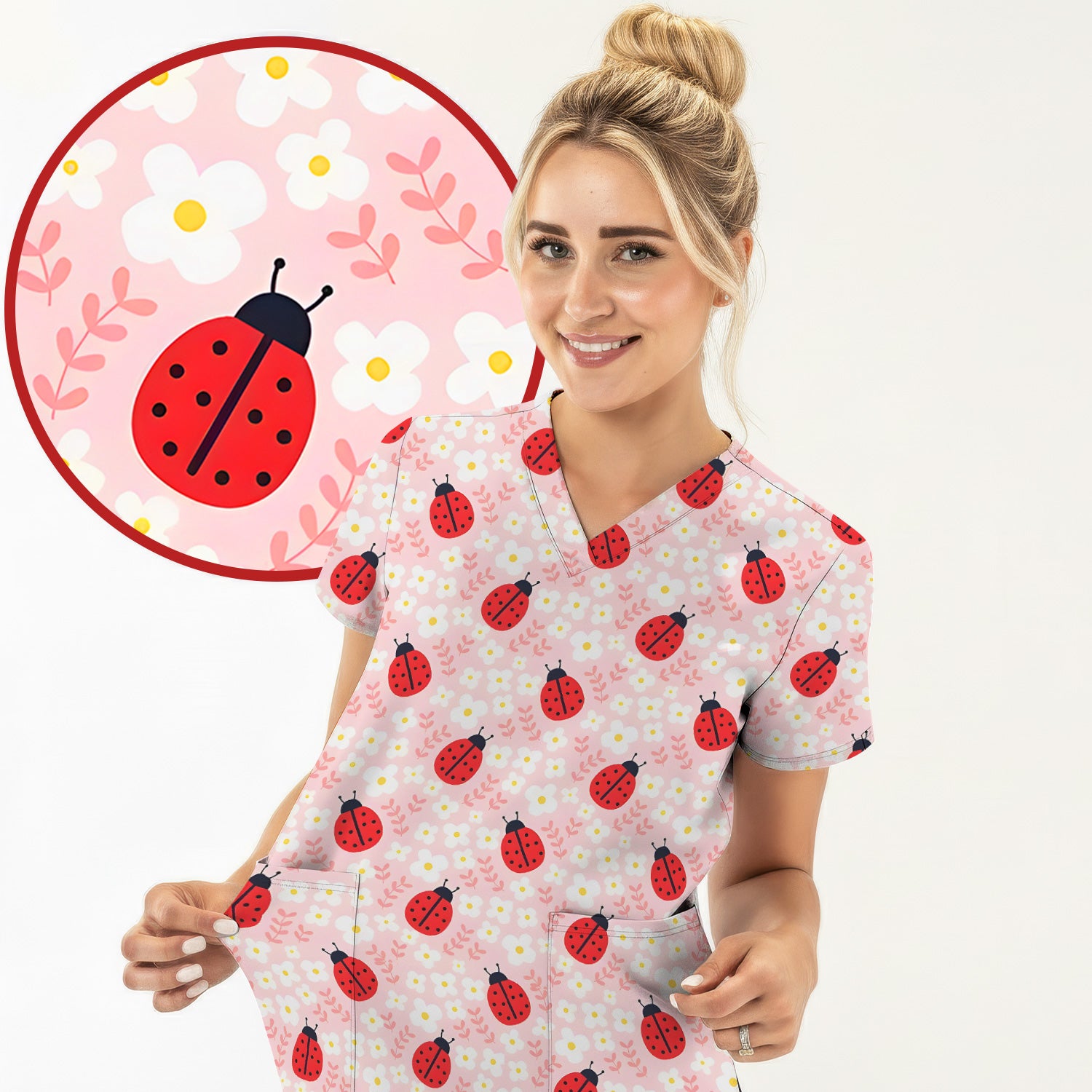 Cute Ladybug Blossom Print Scrub Top, Pastel Garden Medical Scrubs for Women