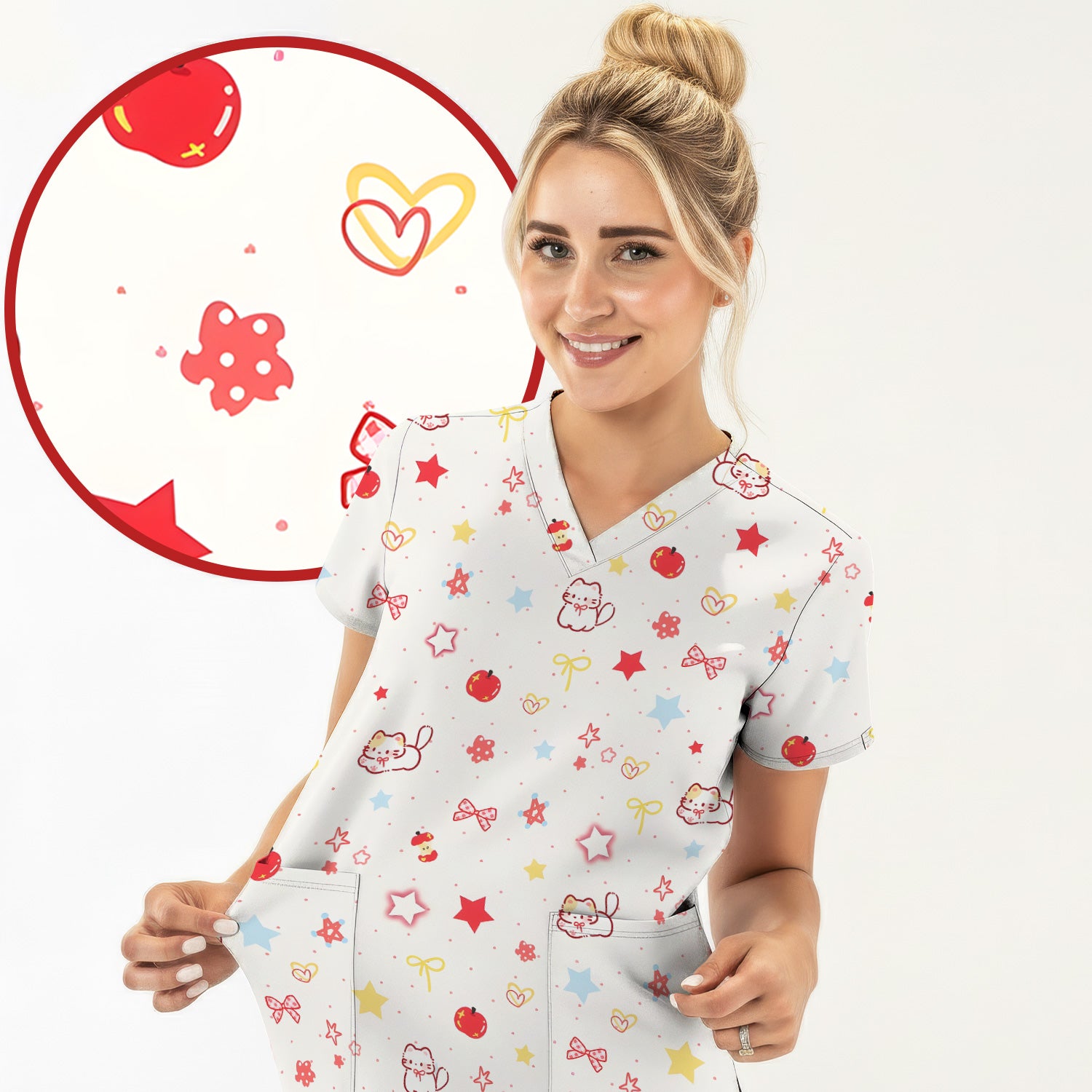 Cute Kawaii Cat Bow Star Pattern Scrub Top, Comfortable Scrubs for Nurses