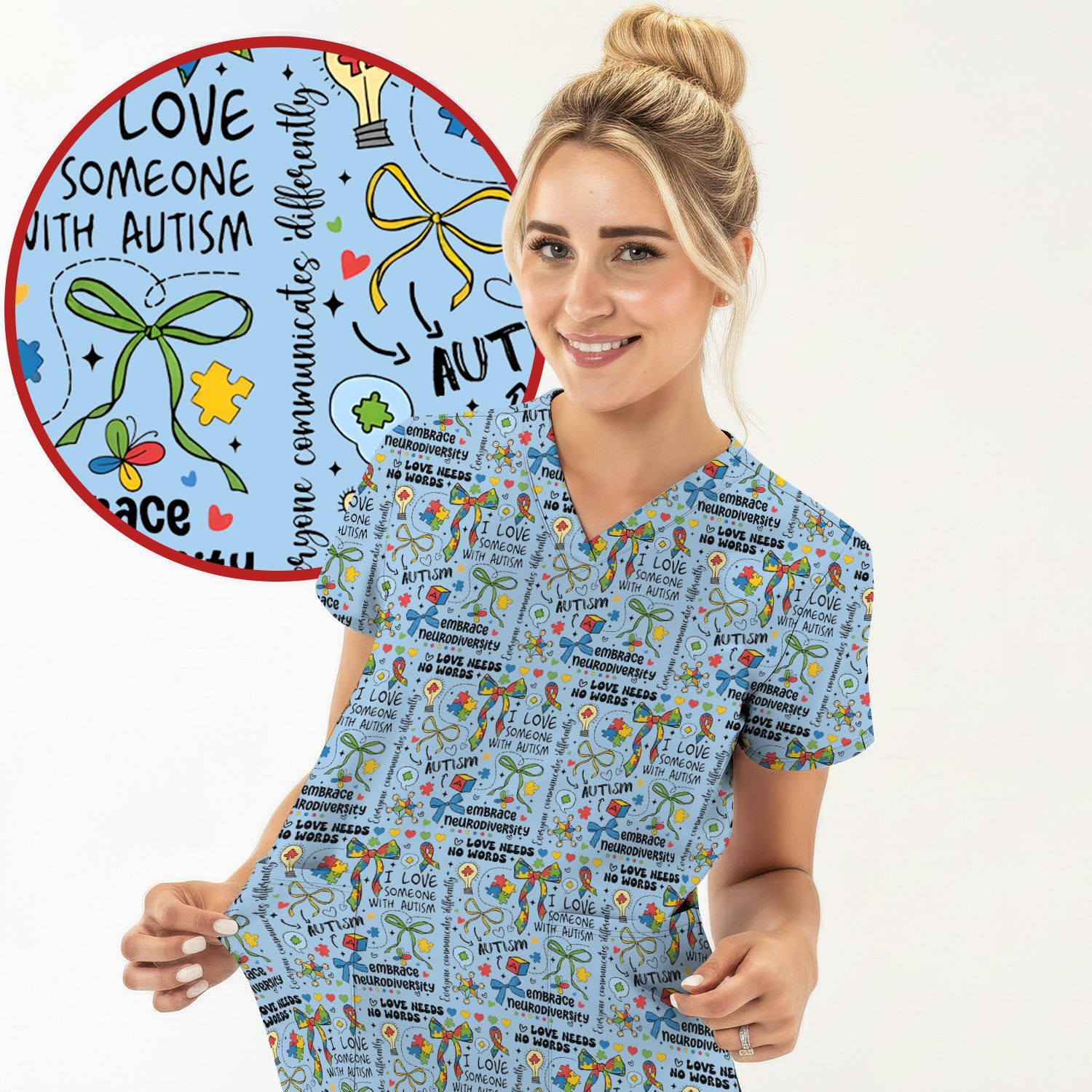 Autism Awareness Puzzle Ribbon Pattern Scrub Top, Breathable Fabrics Nursing Uniform