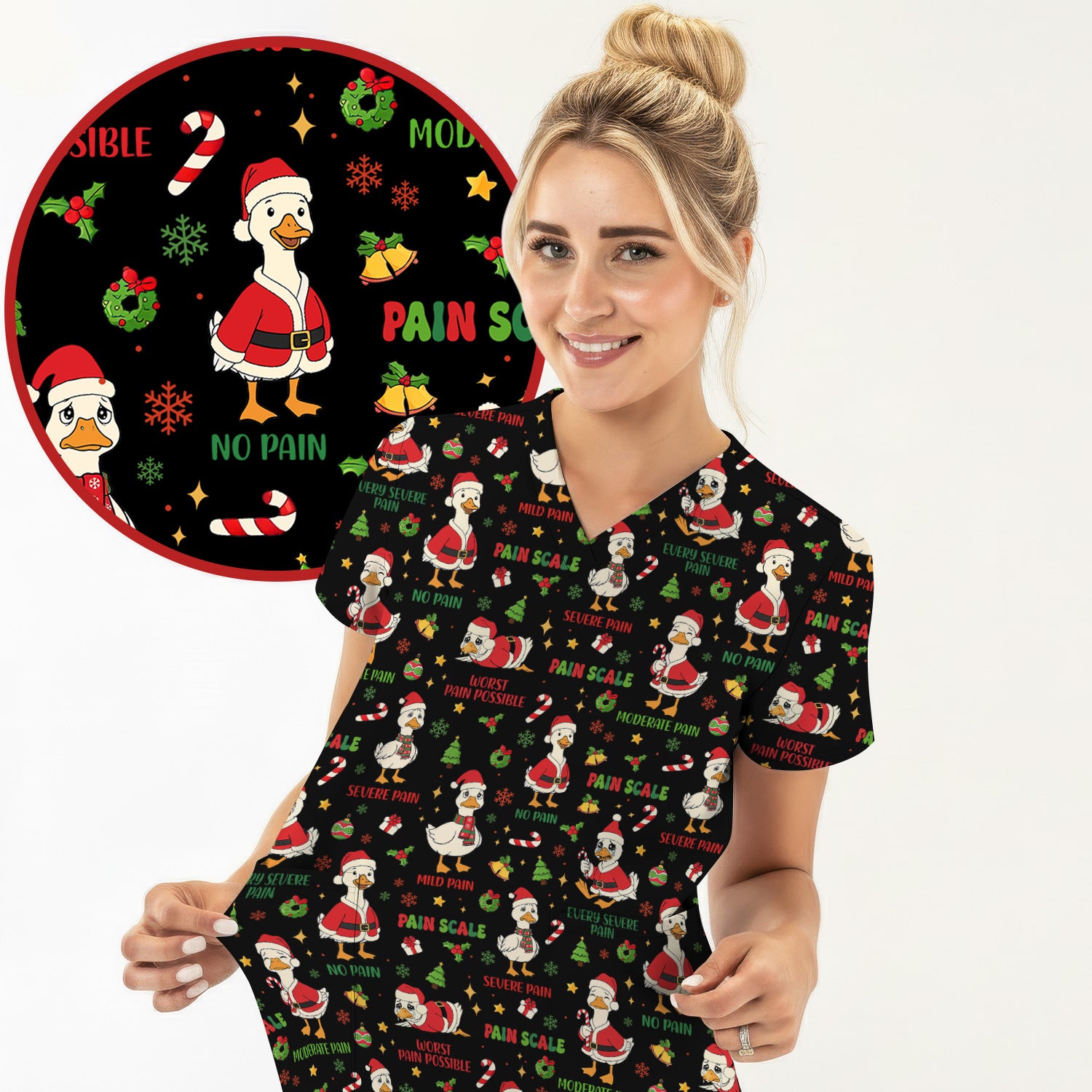 Christmas Nurse Scrub Top - Funny Goose Pain Scale - Cute Holiday Medical Uniform for Women