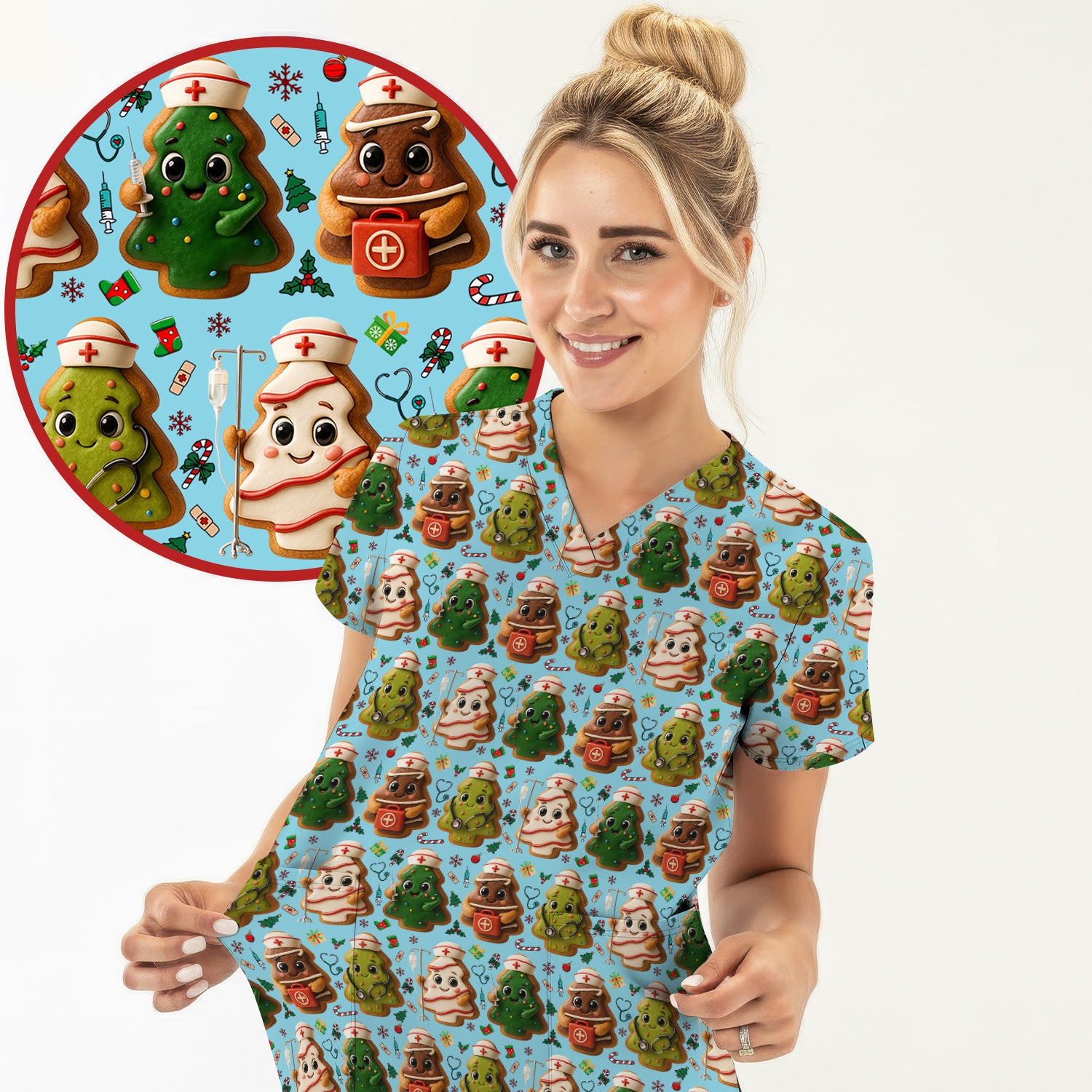 Christmas Cookie Scrub Top – Festive Nurse & Holiday Tree Pattern – Cute Medical Uniform for Nurses, Vets and Healthcare Workers