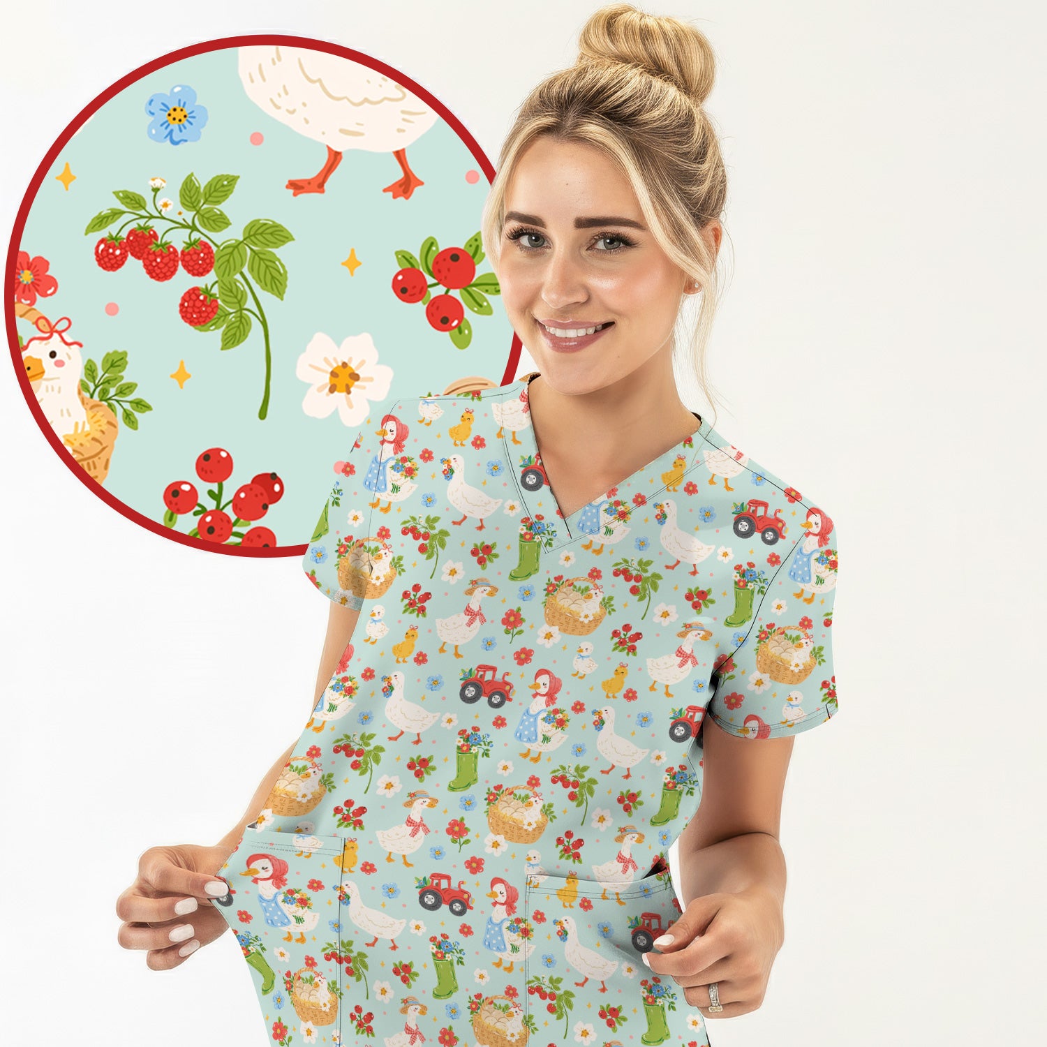 Farm Duck Chicken Tractor Flower Basket Scrub Top, Breathable Fabrics Nursing Uniform
