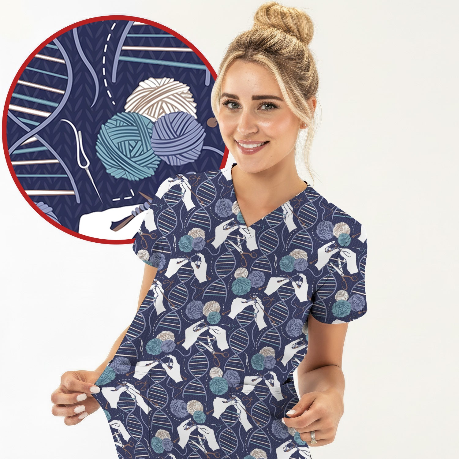 DNA Helix Yarn Pattern Scrub Top, Comfortable Scrubs for Nurses