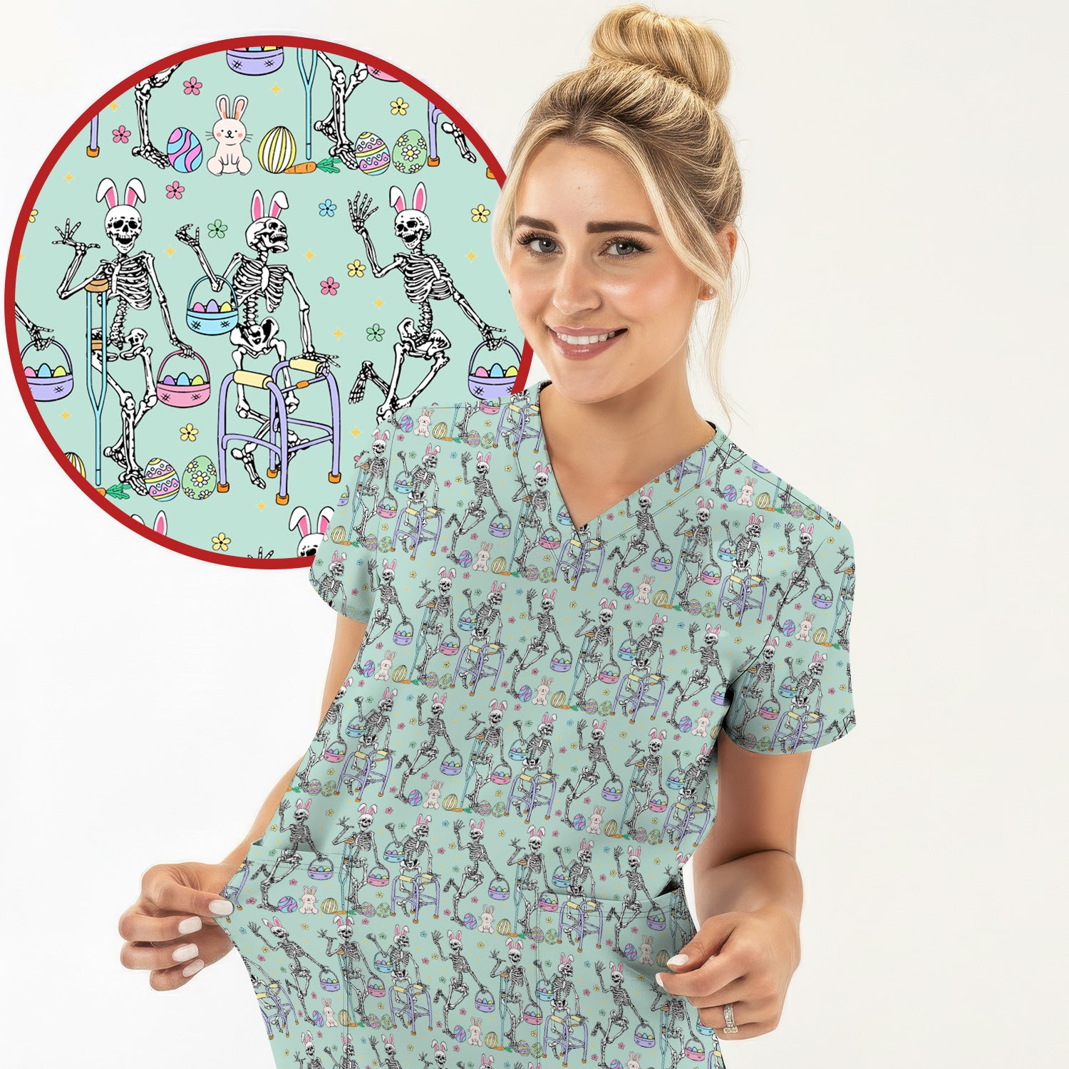 Fun Skeleton Bunny Easter Print Scrub Top, Comfortable Scrubs for Nurses