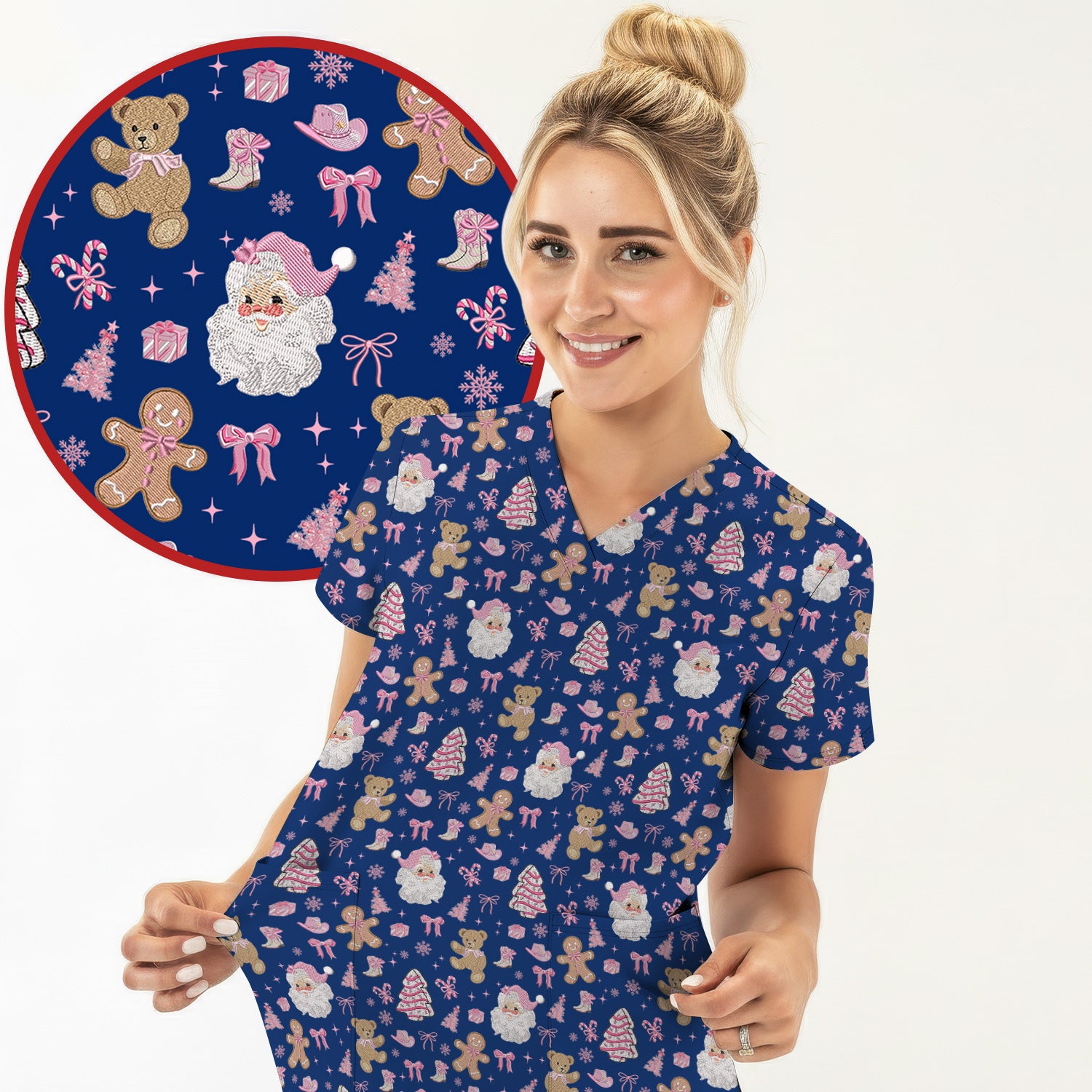 Pink Christmas Santa Gingerbread Scrub Top, Cute Holiday Medical Pattern Shirt, Breathable Fabrics Nursing Uniform