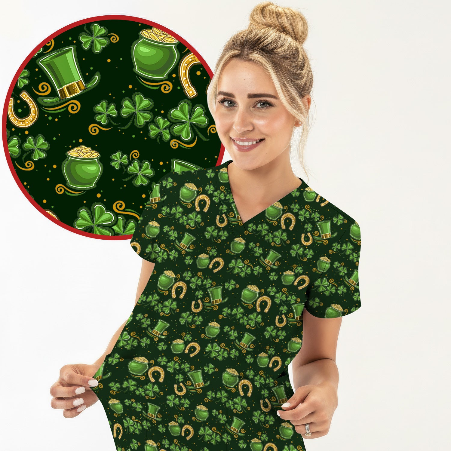St. Patrick Shamrock Pattern Scrub Top, Comfortable Scrubs for Nurses
