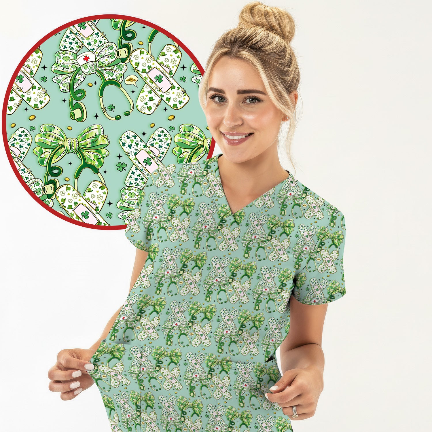 St Patrick Shamrock Stethoscope Bow Print Scrub Set, Breathable Med Uniform