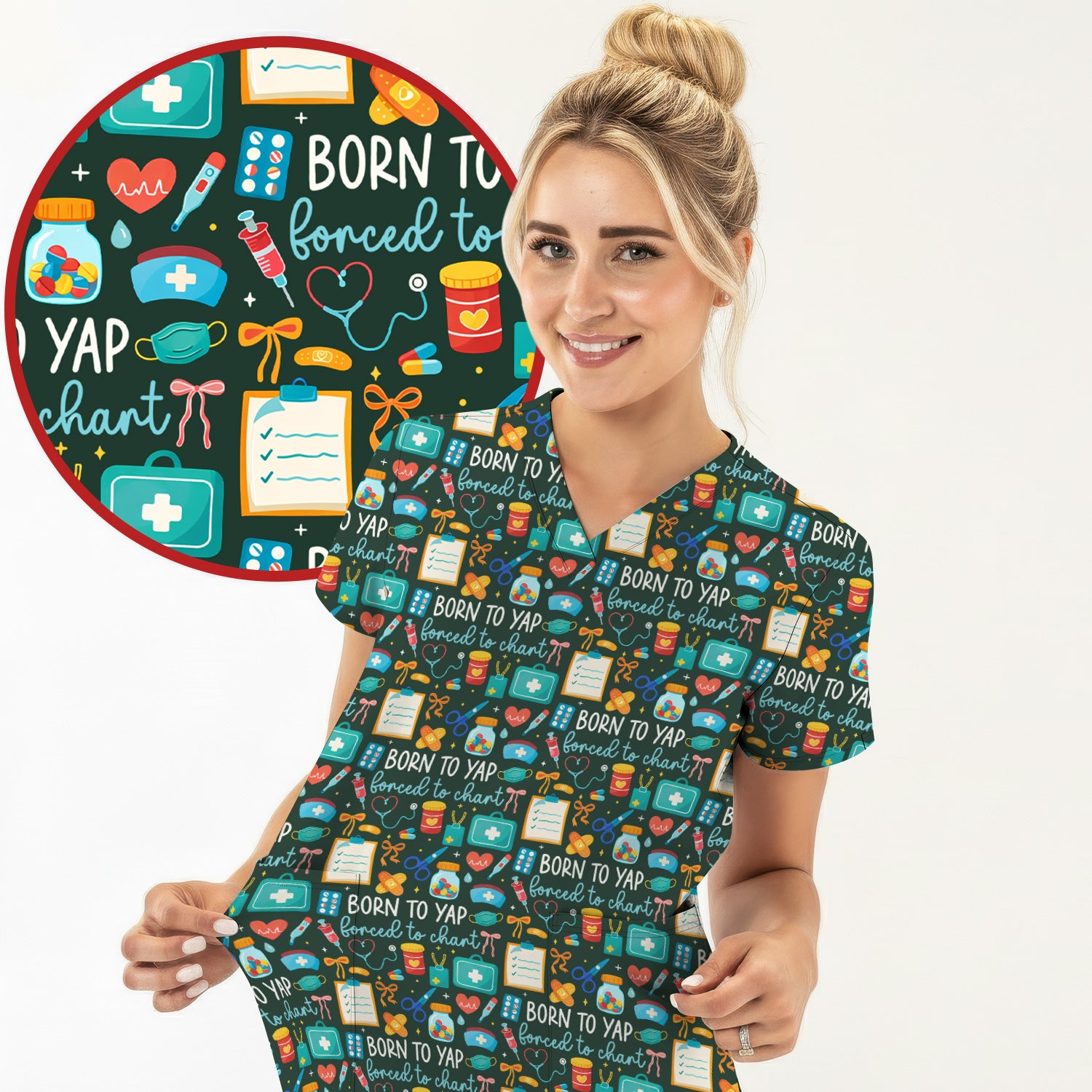Born To Yap Medical Tools Pattern Scrub Top, Comfortable Scrubs for Nurses