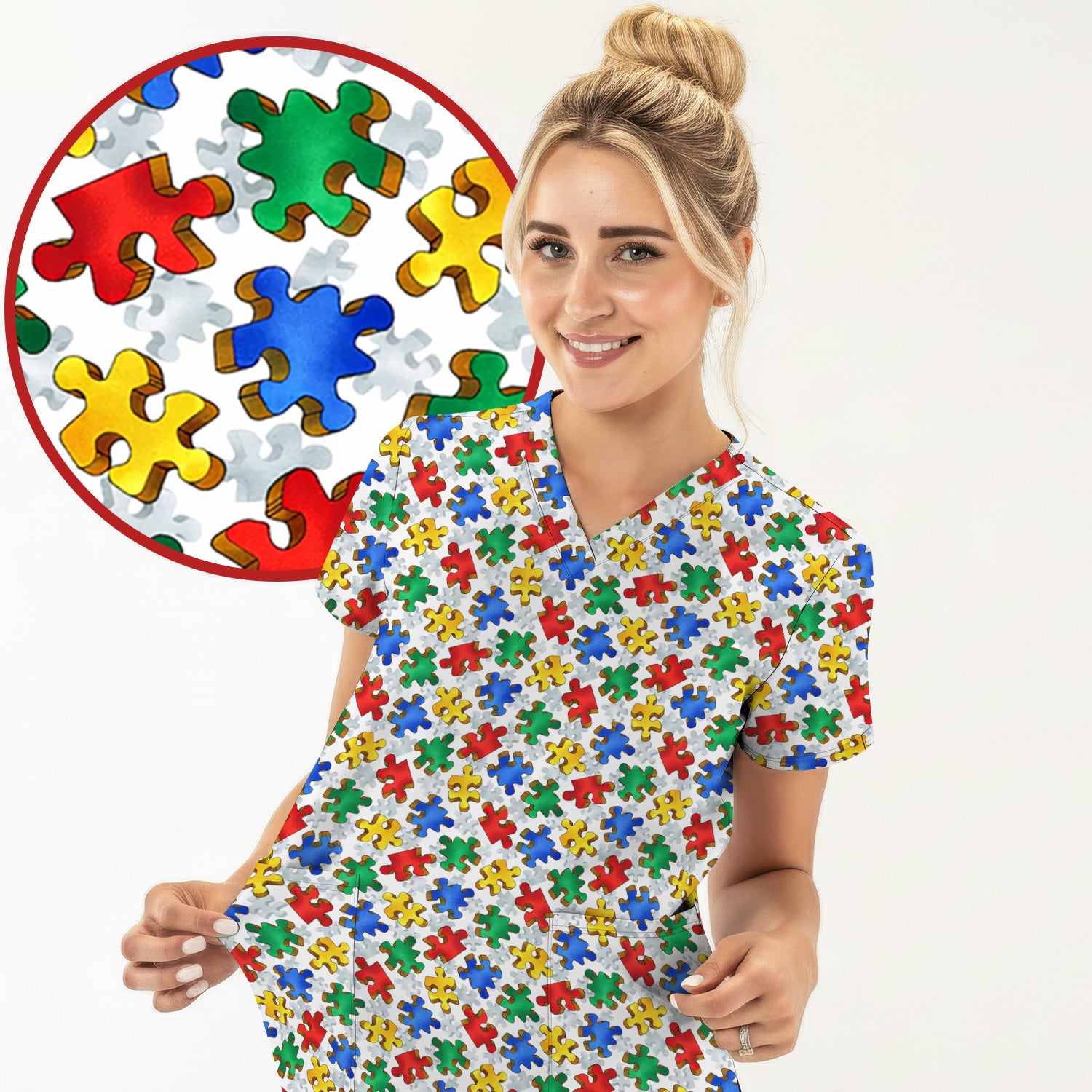 Colorful Autism Puzzle Piece Pattern Scrub Top, Comfortable Scrubs for Nurses