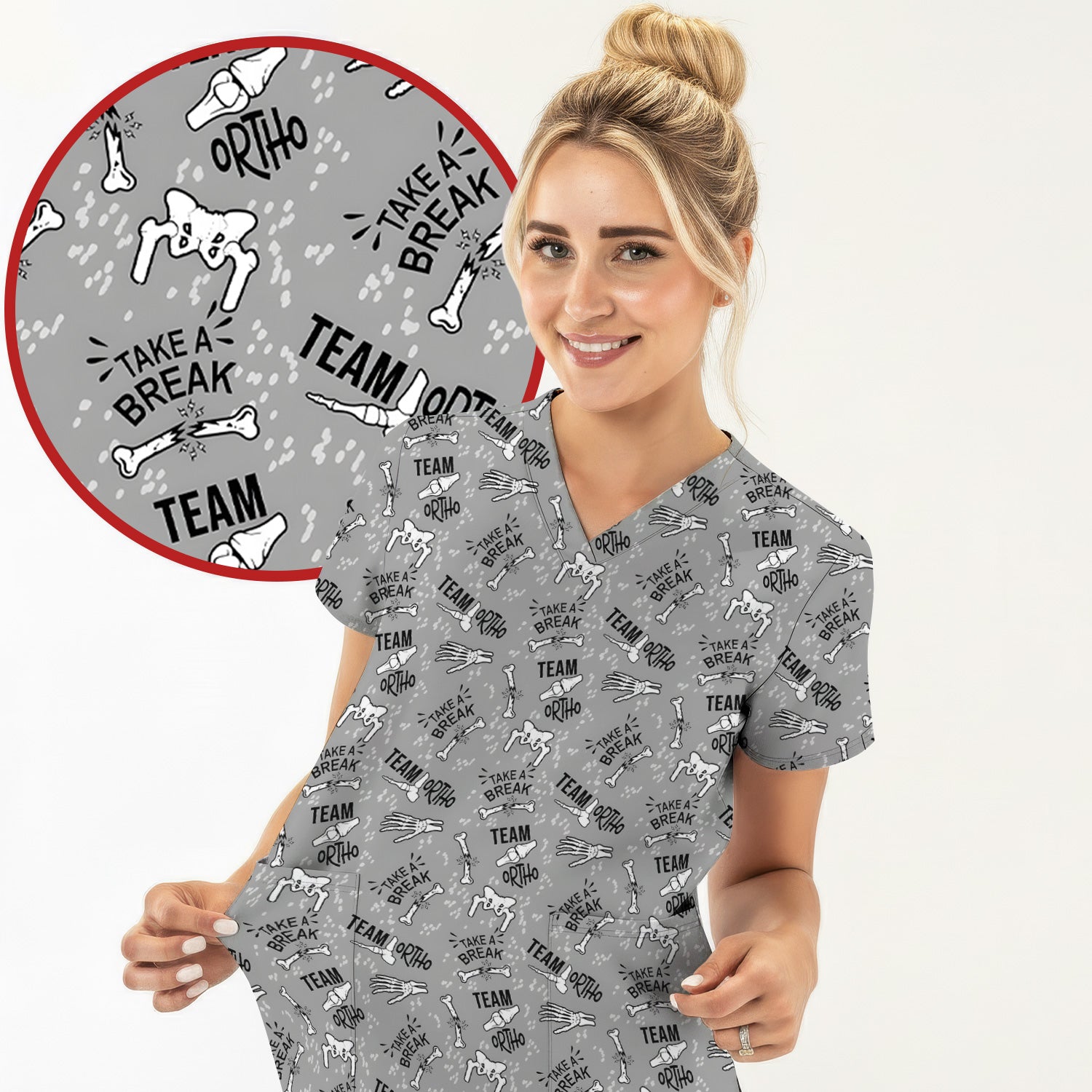 Team Ortho Bone Joint Print Scrub Top, Breathable Fabrics Nursing Uniform
