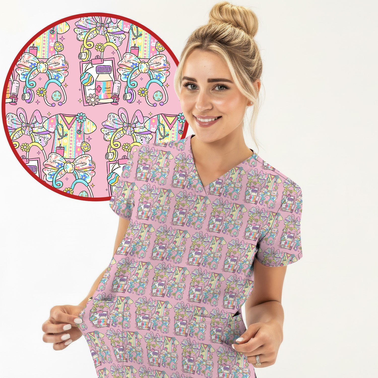 Colorful Nurse Scrub Supplies Pattern Scrub Top, Breathable Fabrics Nursing Uniform