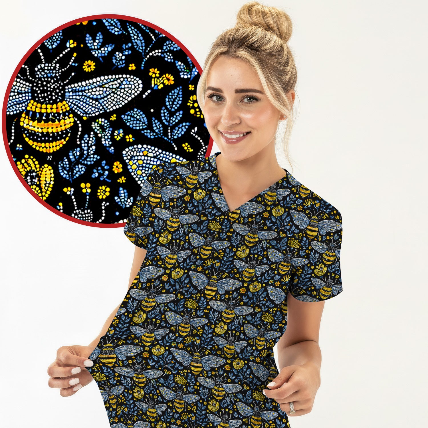 Honey Bee And Wildflower Garden Pattern Scrub Top, Comfortable Scrubs for Nurses
