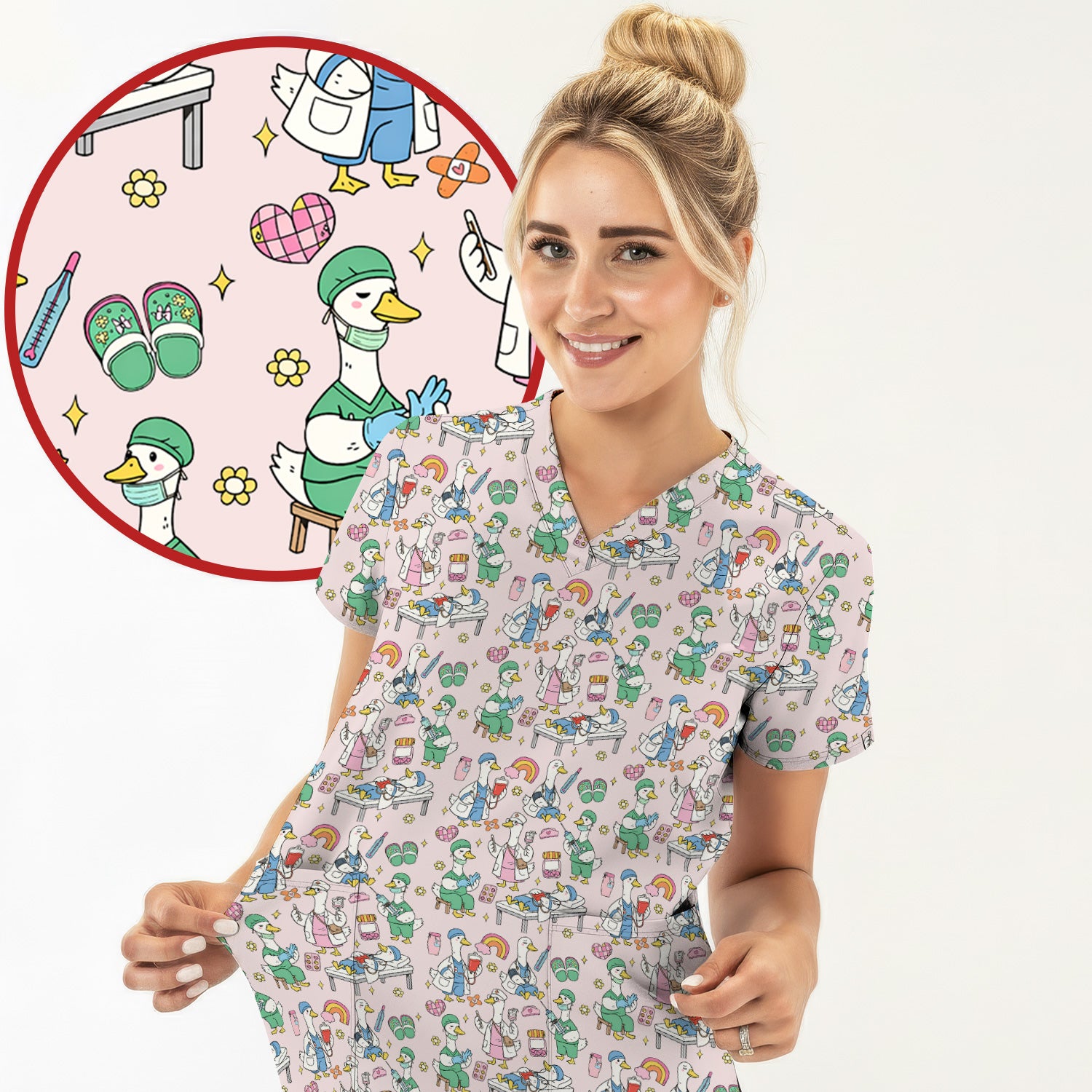 Funny Nurse Duck Medical Doodle Pattern Scrub Top, Comfortable Nurse Workwear Top