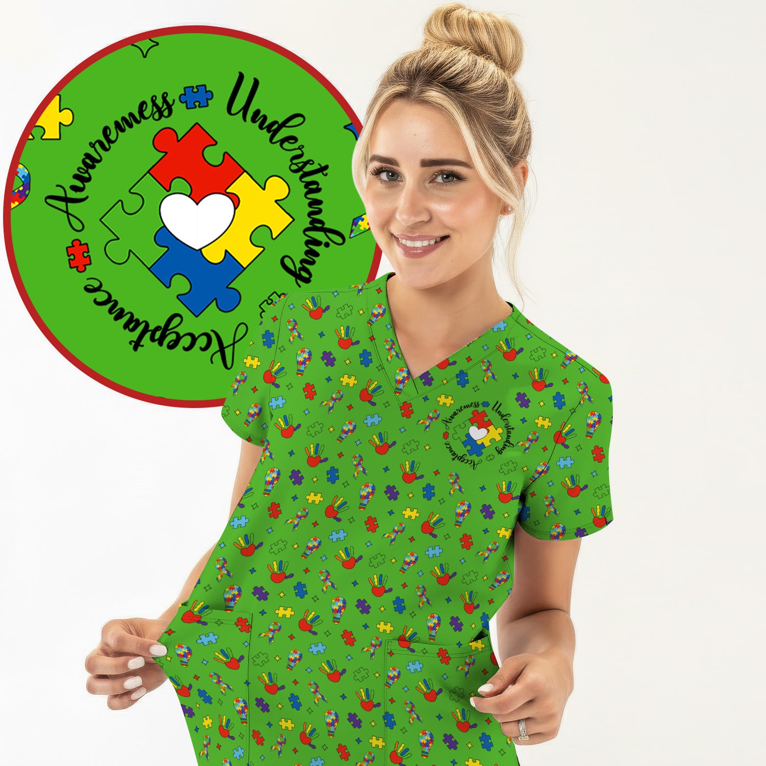 Autism Awareness Colorful Puzzle Pattern Scrub Top, Comfortable Scrubs for Nurses