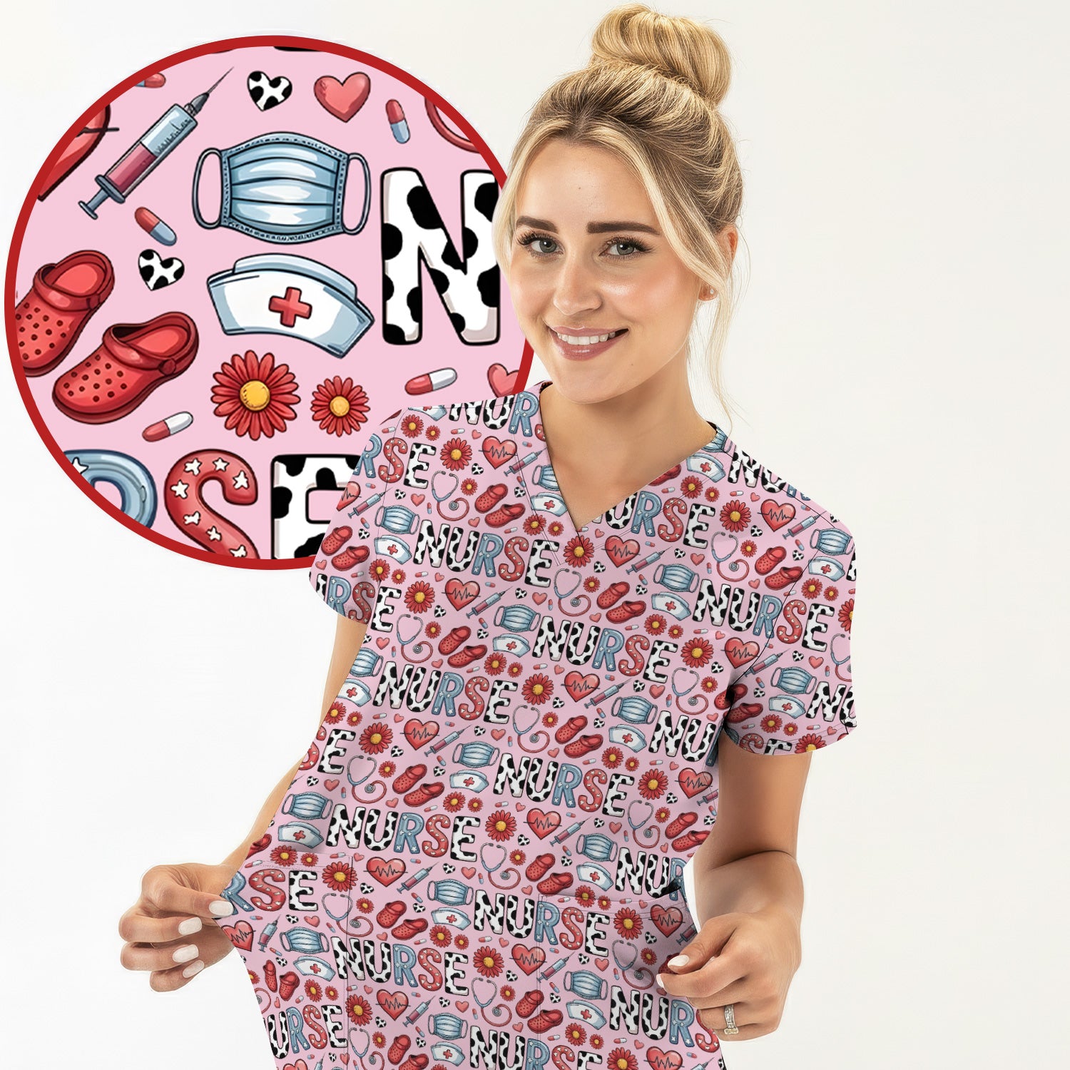Cute Nurse Medical Icon Pattern Scrub Top, Comfortable Scrubs for Nurses