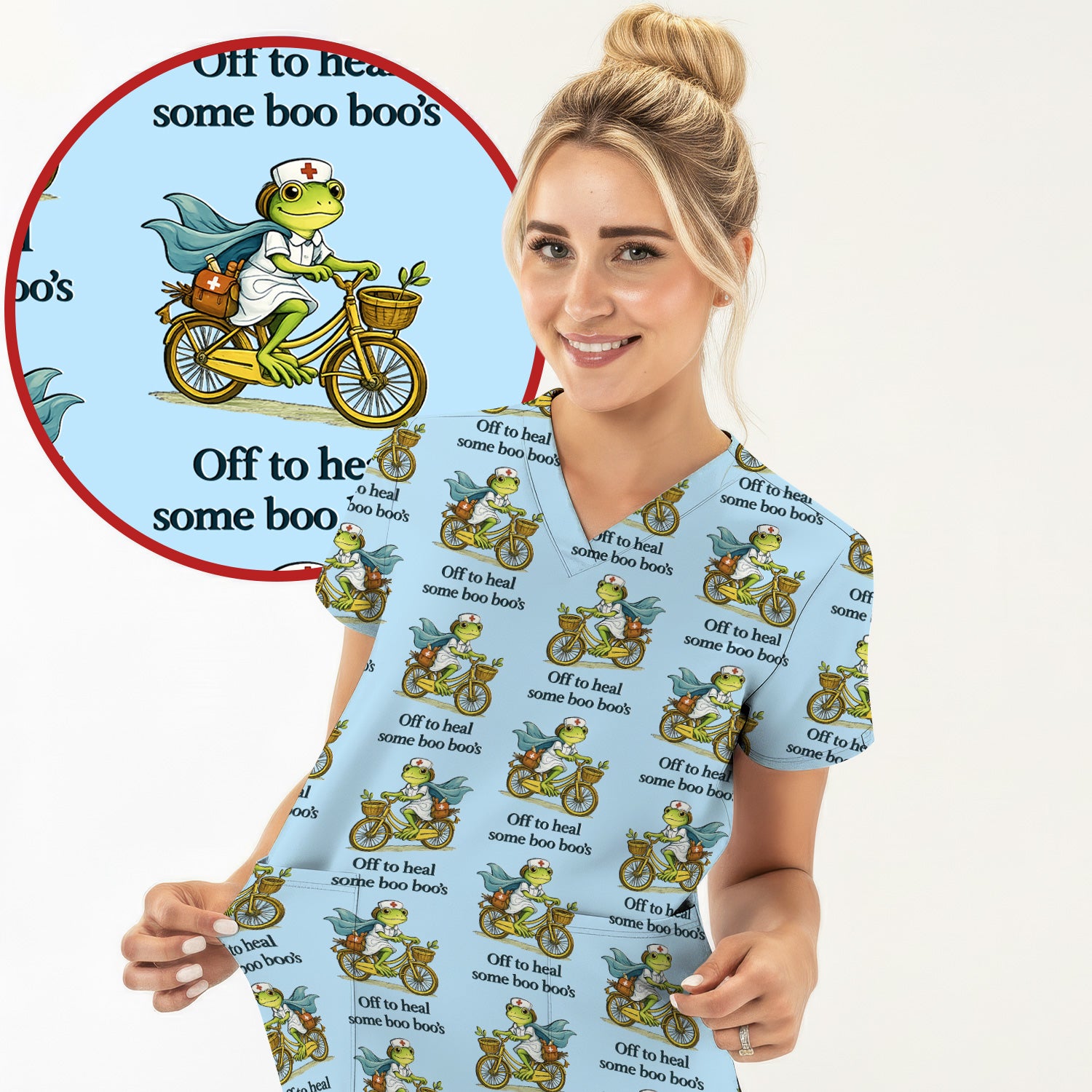 Funny Frog Nurse Cycling Pattern Scrub Top, Comfortable Scrubs for Nurses
