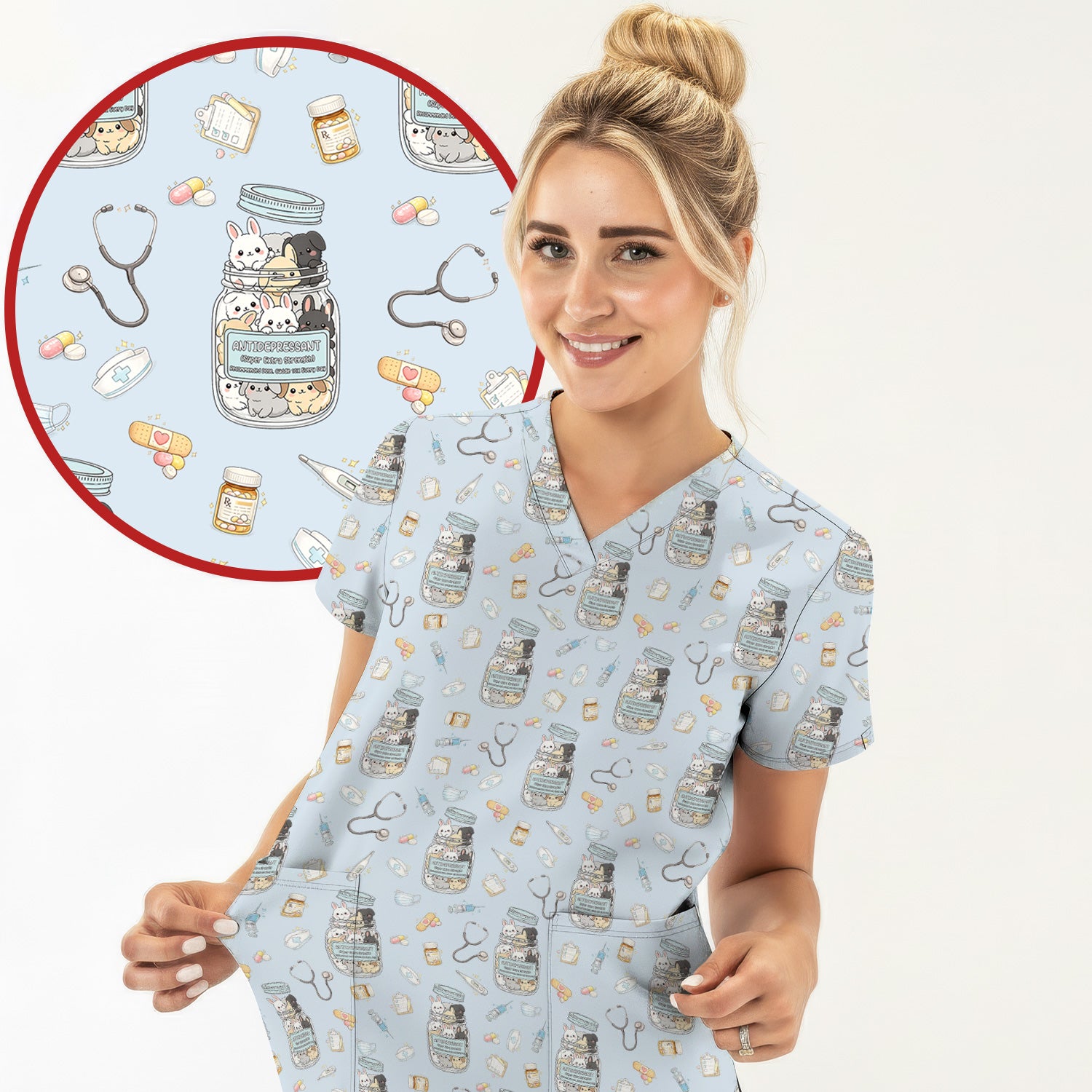 Whimsical Antidepressant Rabbit Jar Design Nurse Scrub Top, Soft & Breathable Workwear