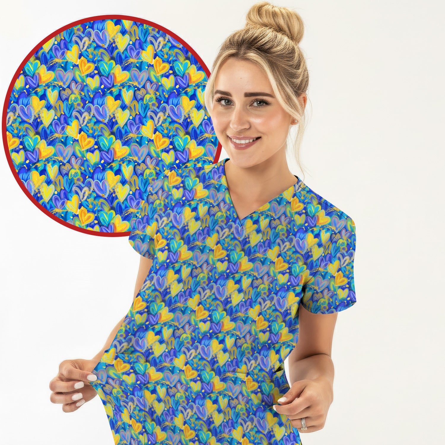 Blue and Yellow Layered Heart Gold Splatter Print Scrub Top, Artistic Scrubs for Nurses