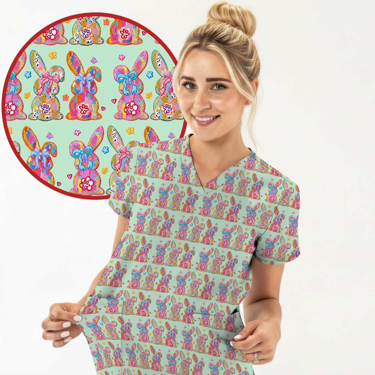 Cute Pastel Bunny Floral Pattern Scrub Top, Comfortable Scrubs for Nurses, Easter