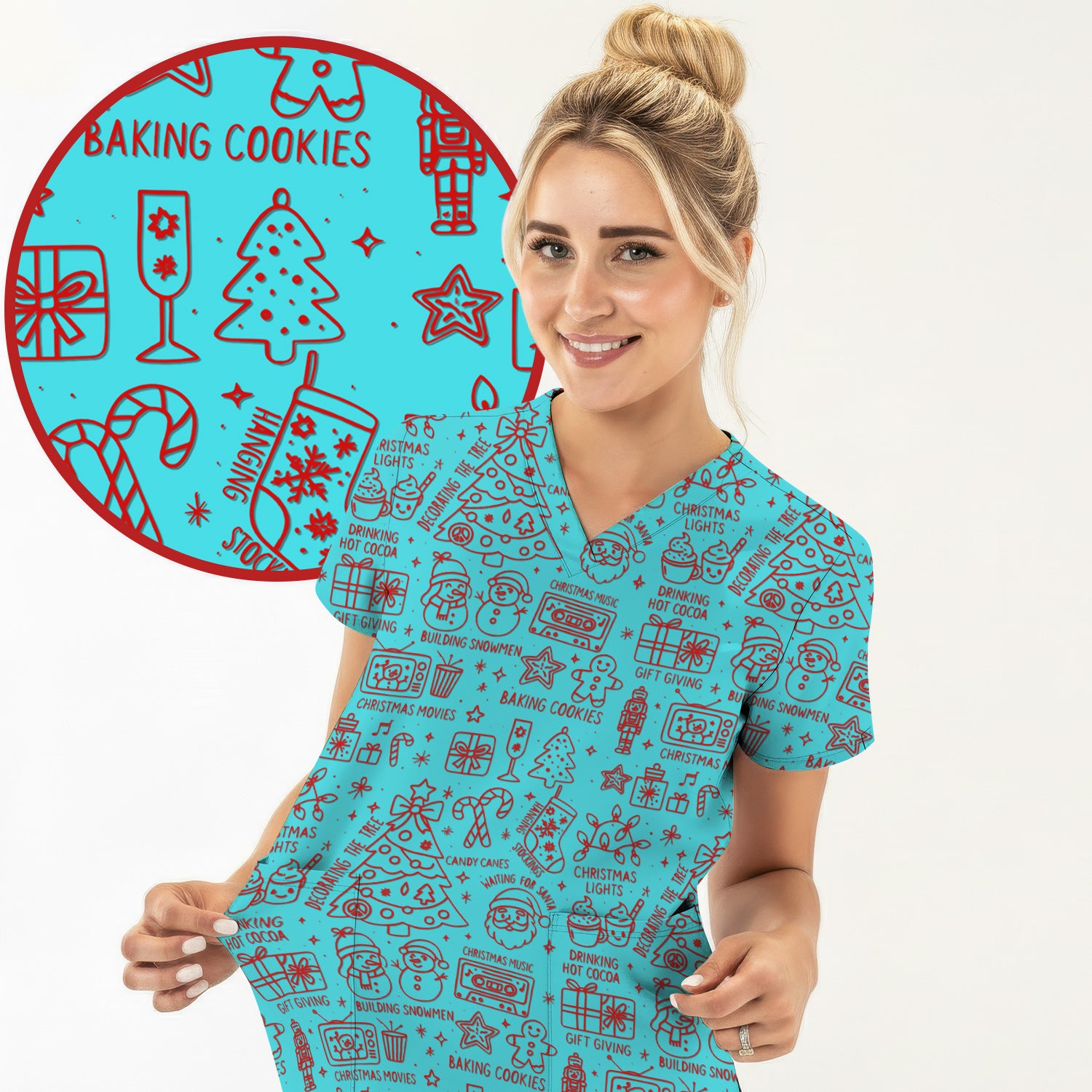 Christmas Pattern Scrub Top, Holiday Baking Cookies Nurse Shirt, Cute Medical Uniform Gift for RN, LPN, Healthcare Worker