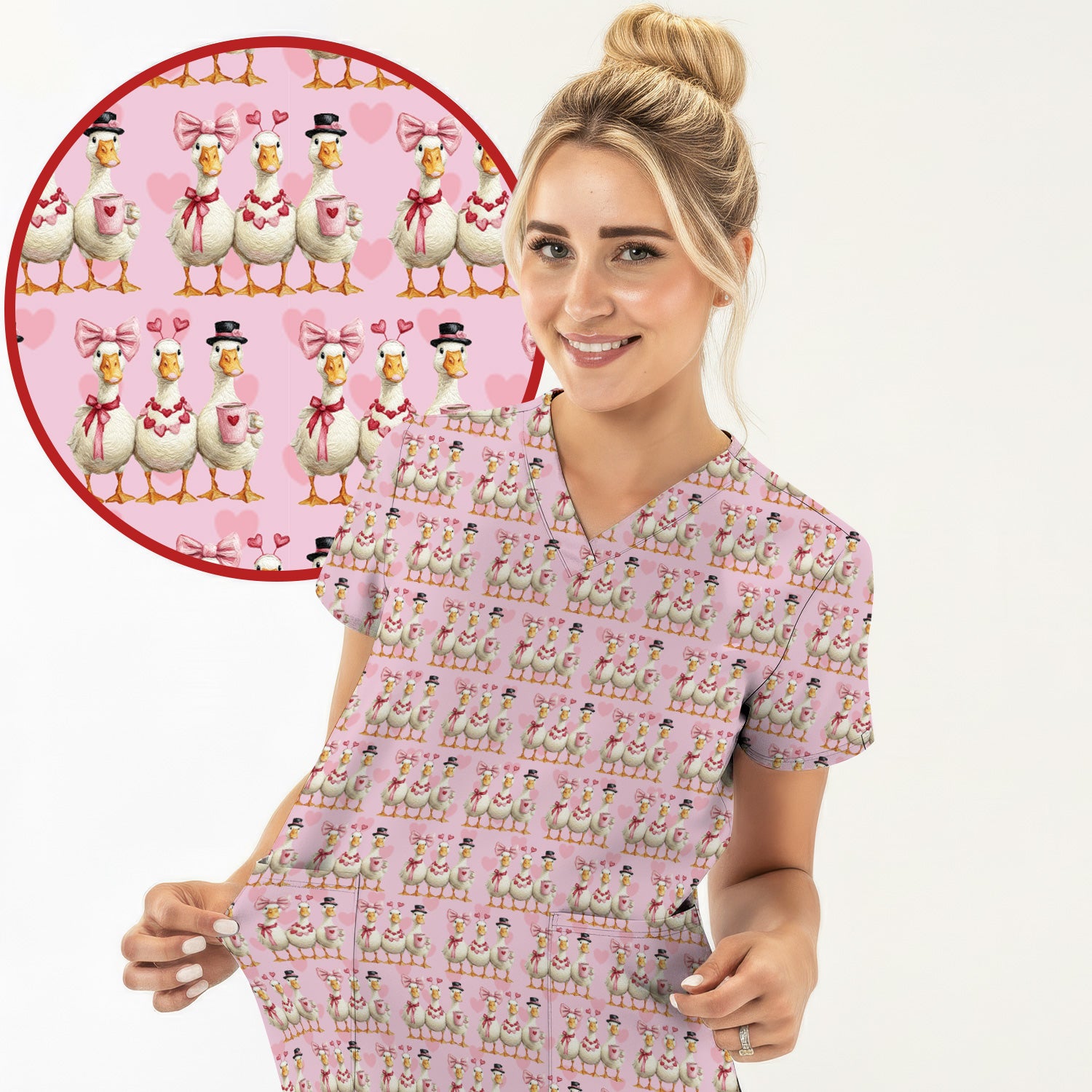 Charming Valentine Goose Heart Pink Design Scrub Top, Comfortable Scrubs for Nurses