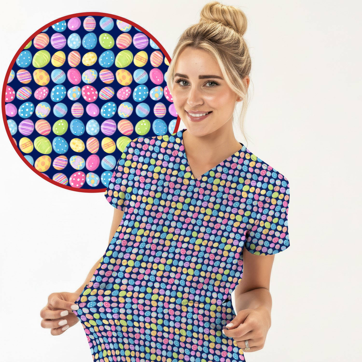 Colorful Easter Eggs Pattern Scrub Top, Comfortable Scrubs for Nurses