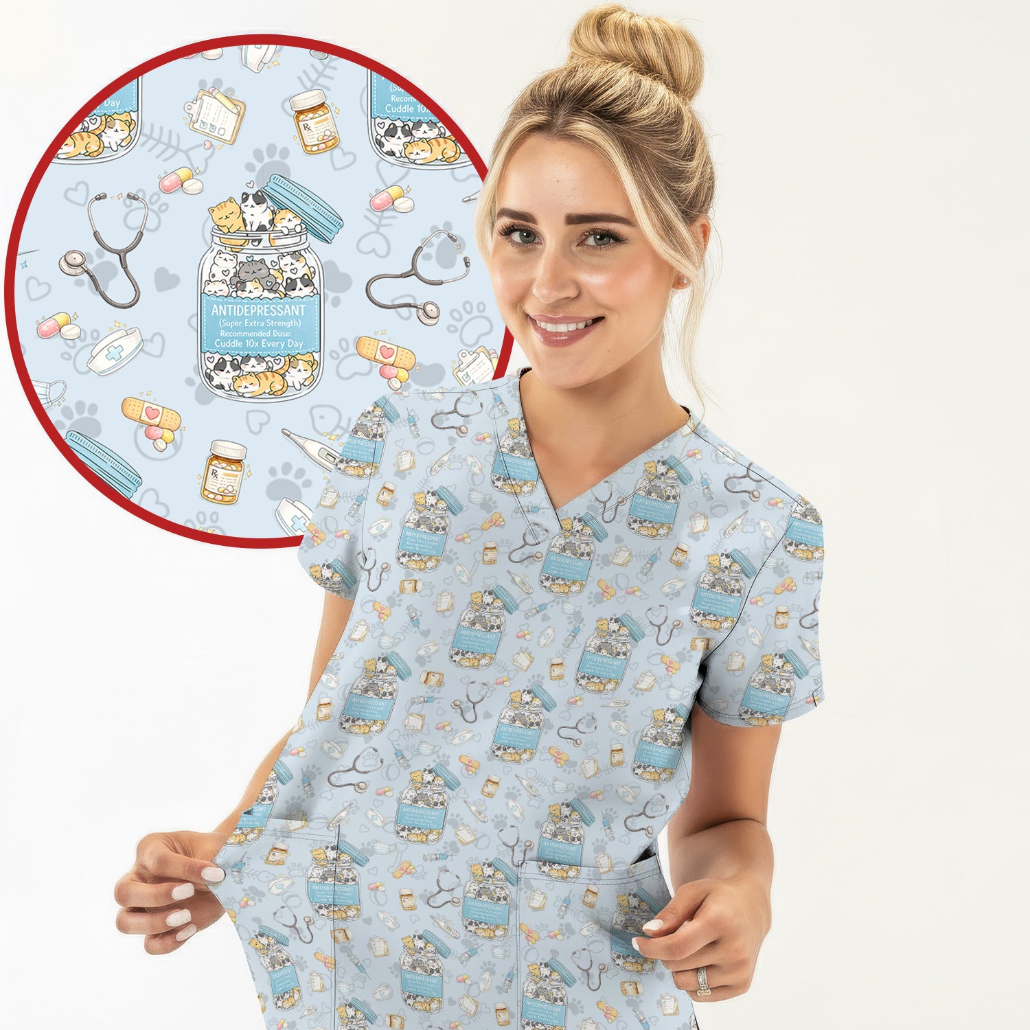 Cute Antidepressant Cat Jar Print Nurse Scrub Top, Breathable Fabrics Nursing Uniform