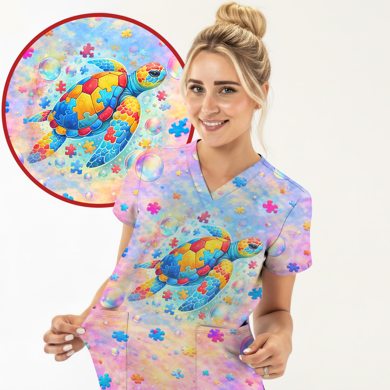 Autism Puzzle Sea Turtle Pastel Rainbow Print Scrub Top, Comfortable Scrubs for Nurses