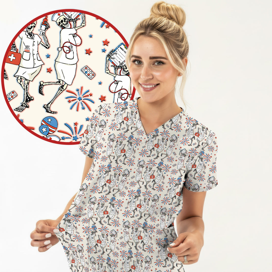 Funny Skeleton Nurse Patriotic Print Scrub Top, Halloween USA Fireworks Nursing Uniform for Women