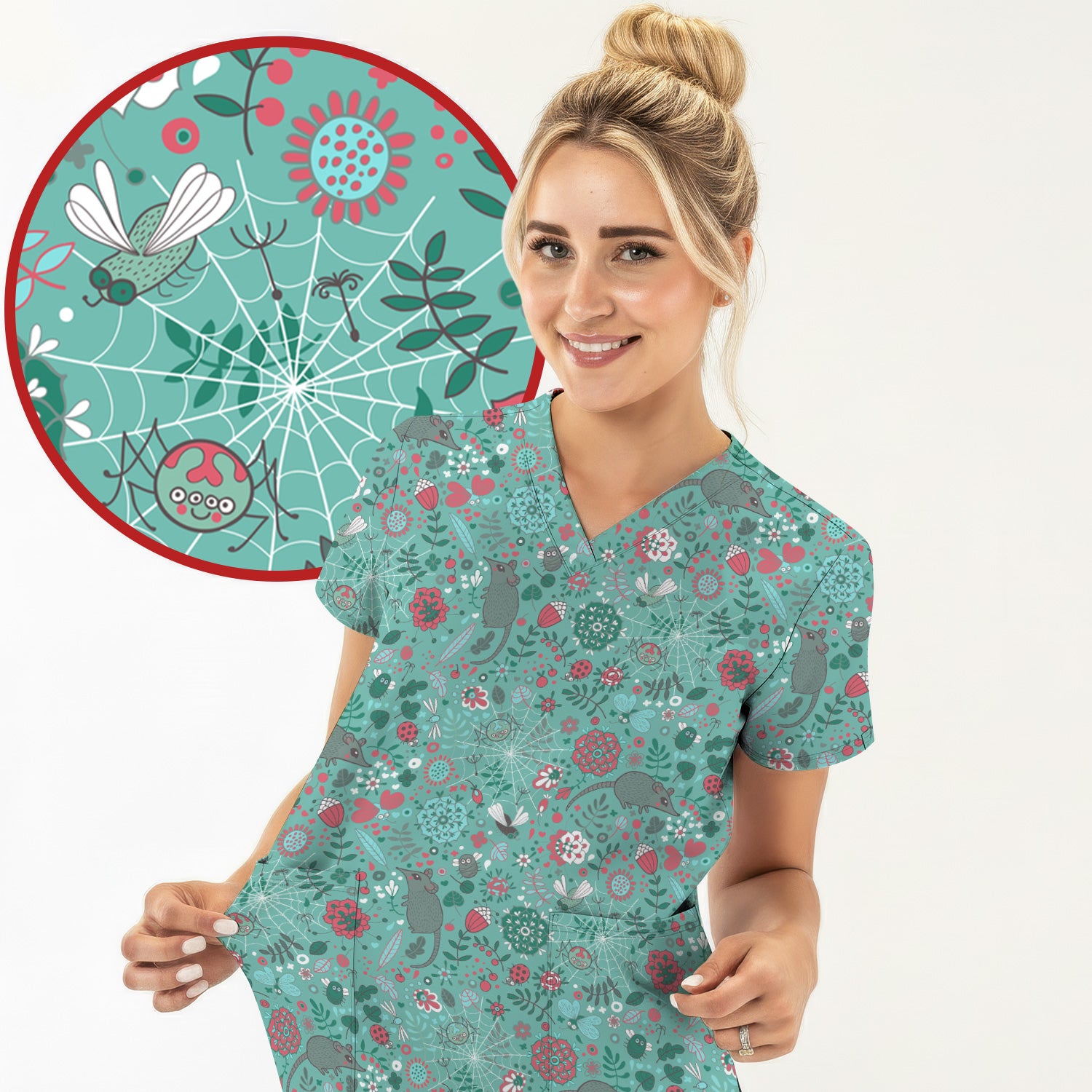 Woodland Mouse Floral Pattern Scrub Top, Comfortable Scrubs for Nurses