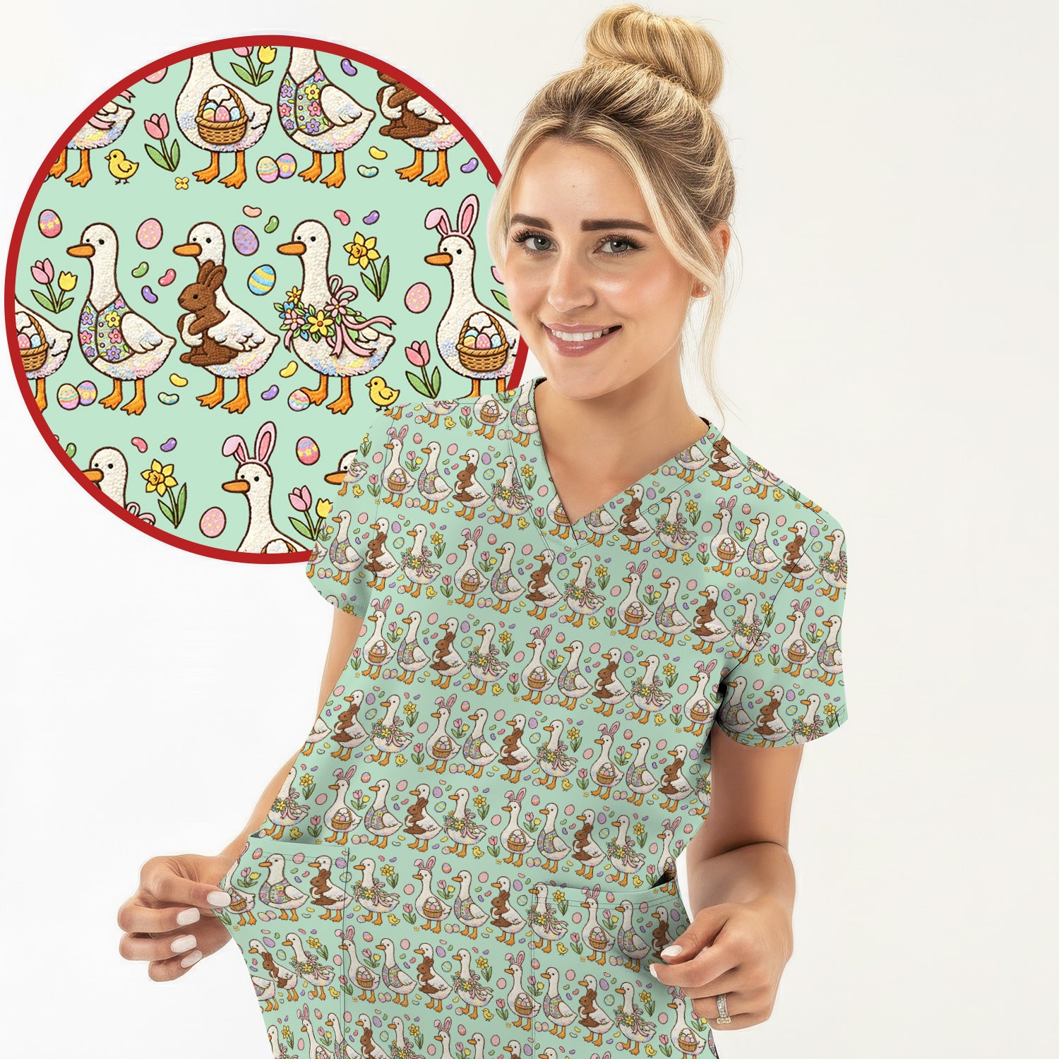 Easter Theme Duck and Bunny Egg Floral Print Scrub Top, Comfortable Scrubs for Nurses