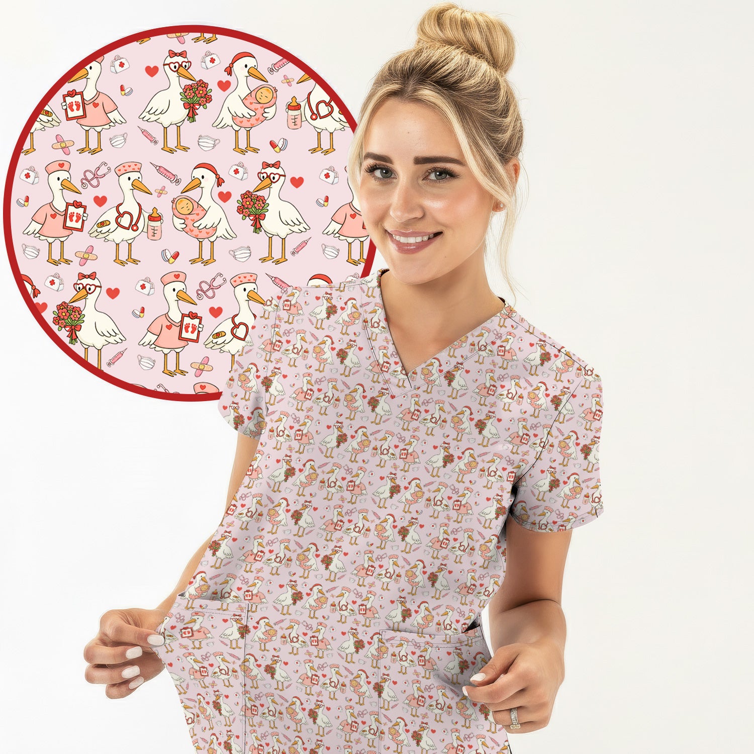 Cute Goose Nurse Valentine Pattern Scrub Top, Breathable Fabrics Nursing Uniform