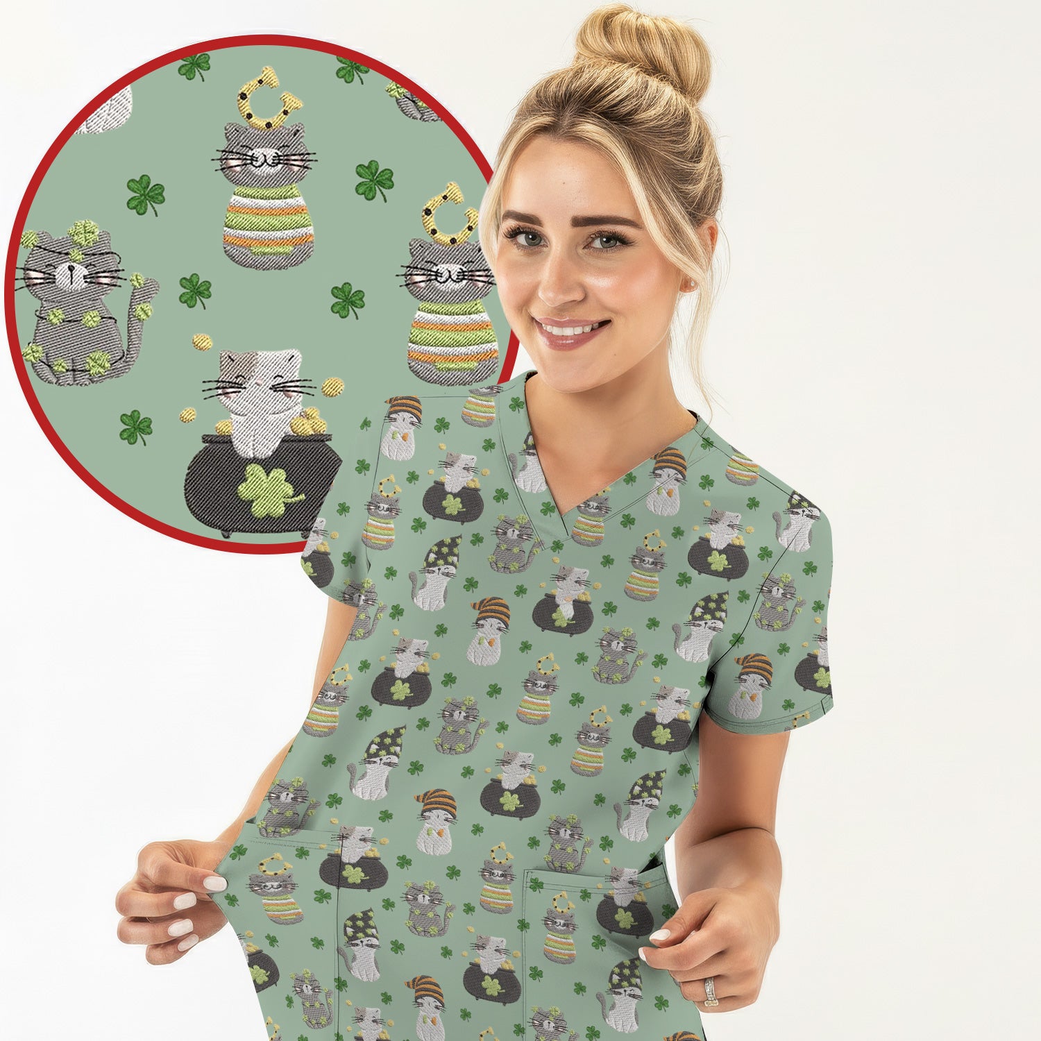 St. Patrick’s Day Scrub Top, Lucky Cat With Shamrock Pattern Shirt, Breathable Fabrics Nursing Uniform