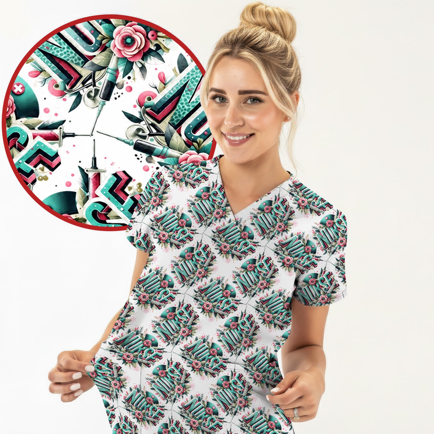 Cute Nurse Typography Floral Medical Pattern Scrub Top, Comfortable Scrubs for Nurses