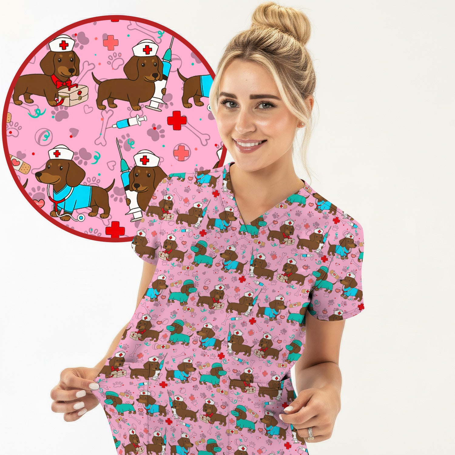 Cute Wiener Dog Dachshund Nurse Scrub Top, Funny Dachshund Dog Scrubs Shirt, Breathable Fabrics Nursing Uniform