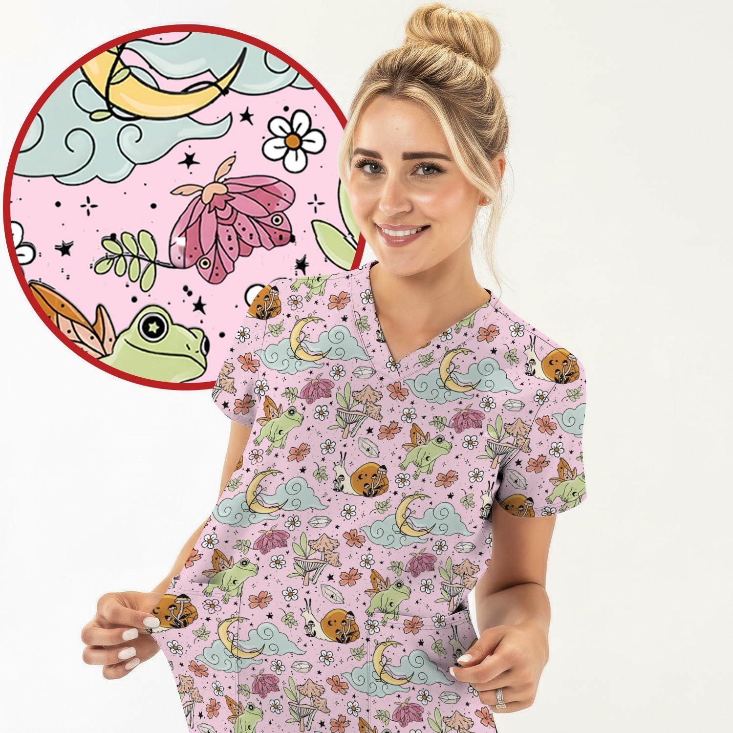 Whimsical Frog Moon Mushroom Pattern Scrub Top, Fantasy Nature Print, Breathable Fabrics Nursing Uniform