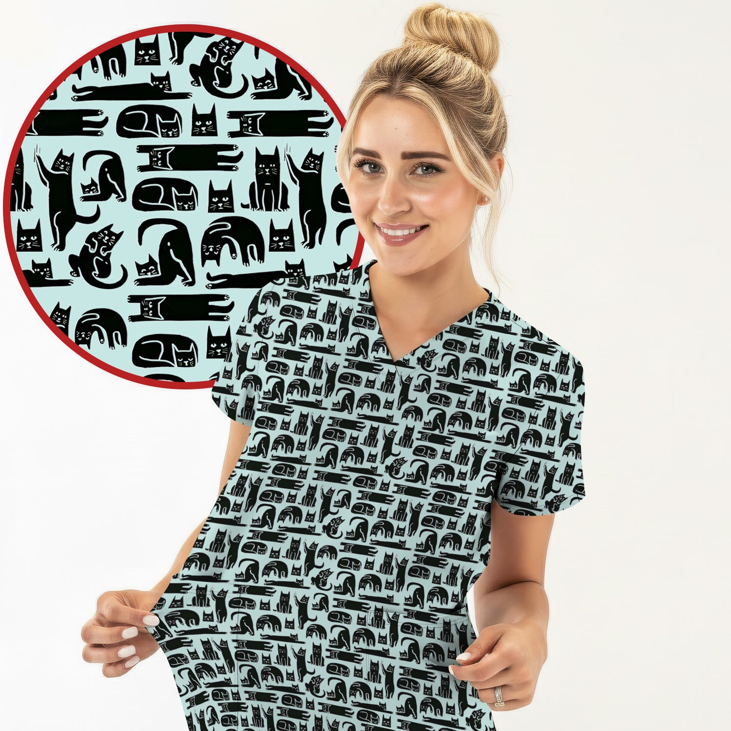 Cute Funny Cat Poses Print Scrub Top, Comfortable Scrubs for Nurses