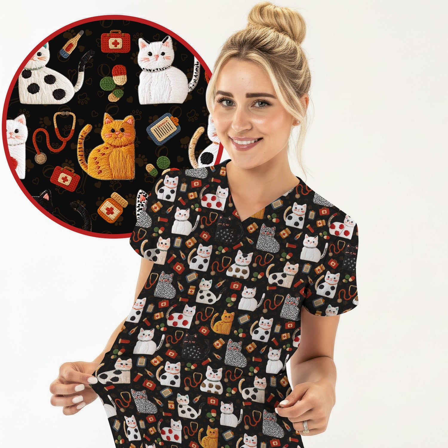 Cute Cat Scrub Top – Funny Veterinary Pattern Medical Shirt – Pet Lover Uniform For RN, LPN, CNA, and Vet Staff
