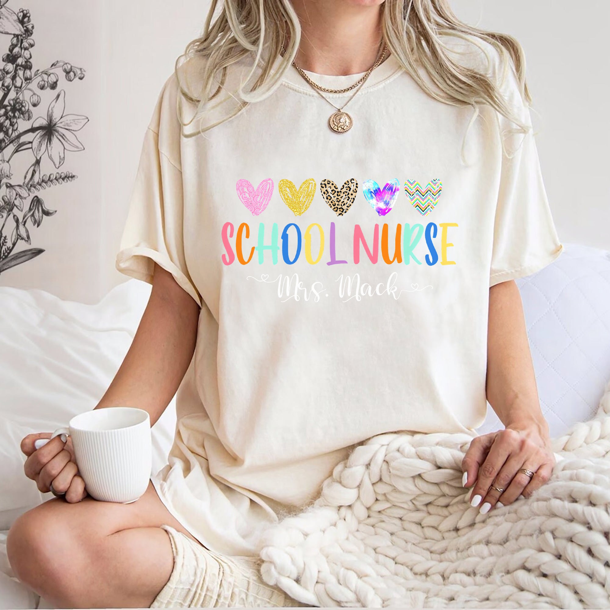 Personalized School Nurse Shirt for Women – Colorful Hearts & Name Customization – Cute Gift for Nurse Appreciation