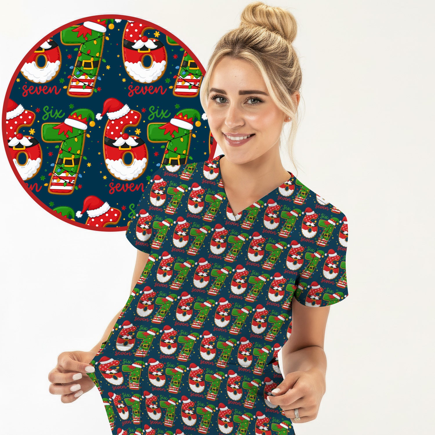 Christmas 67 Pattern Scrub Top, Festive Holiday Medical Uniform Shirt For Nursing