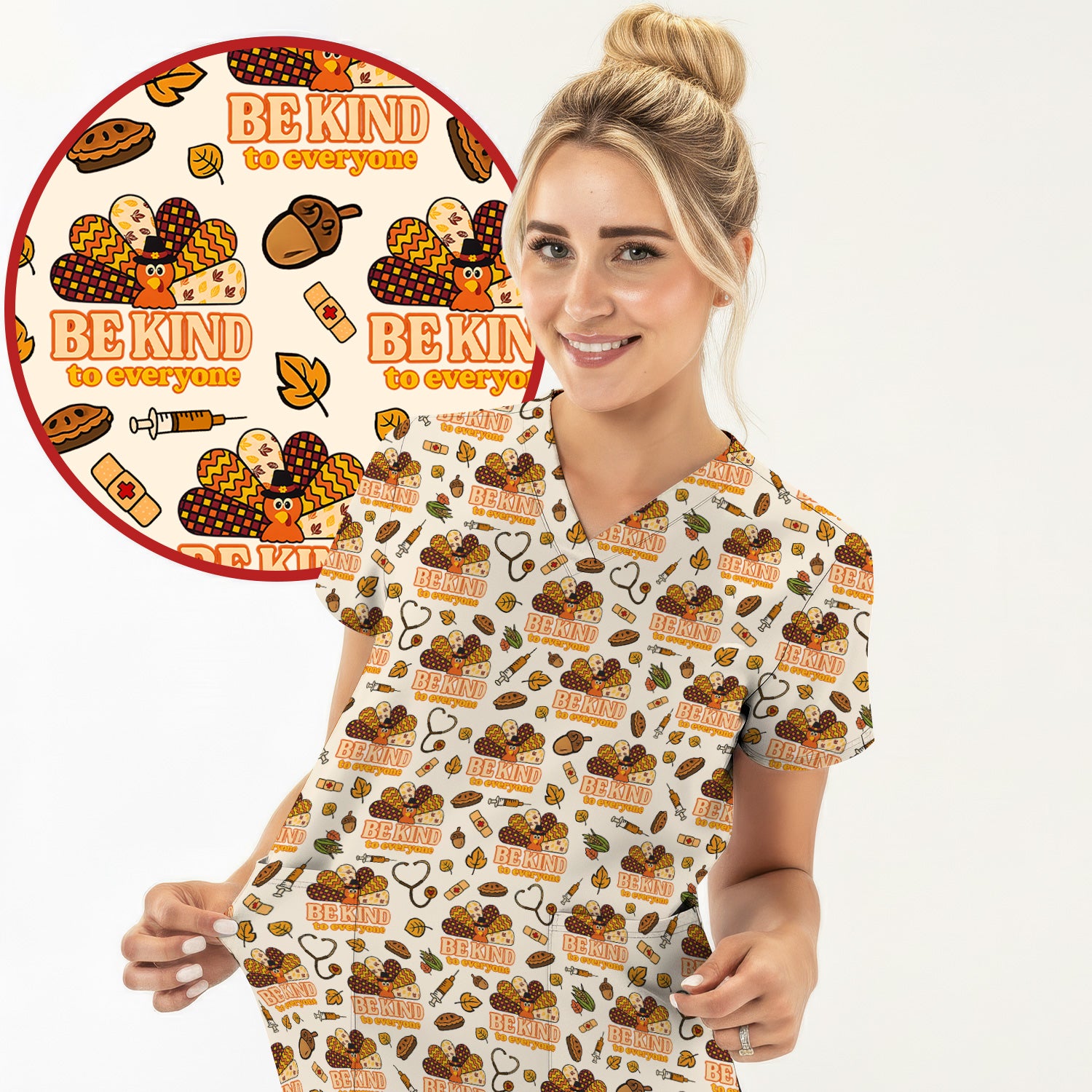Thanksgiving Be Kind Scrub Top – Fall Nurse Shirt with Heart and Leaf Pattern – Cute Autumn Medical Uniform for Healthcare Staff